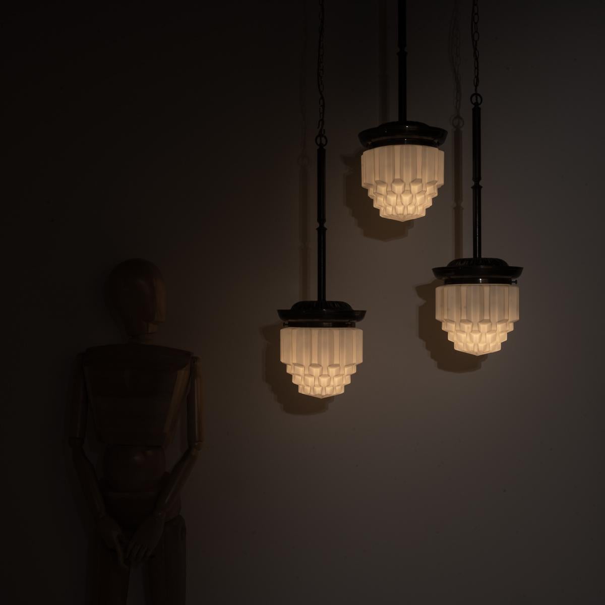 Large Art Deco Geometric Jelly Mould Opaline Glass Pendant Lights Set of Three For Sale 10