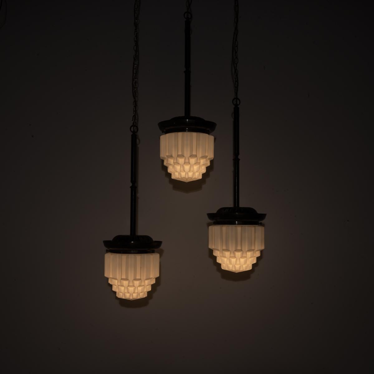Large Art Deco Geometric Jelly Mould Opaline Glass Pendant Lights Set of Three For Sale 11