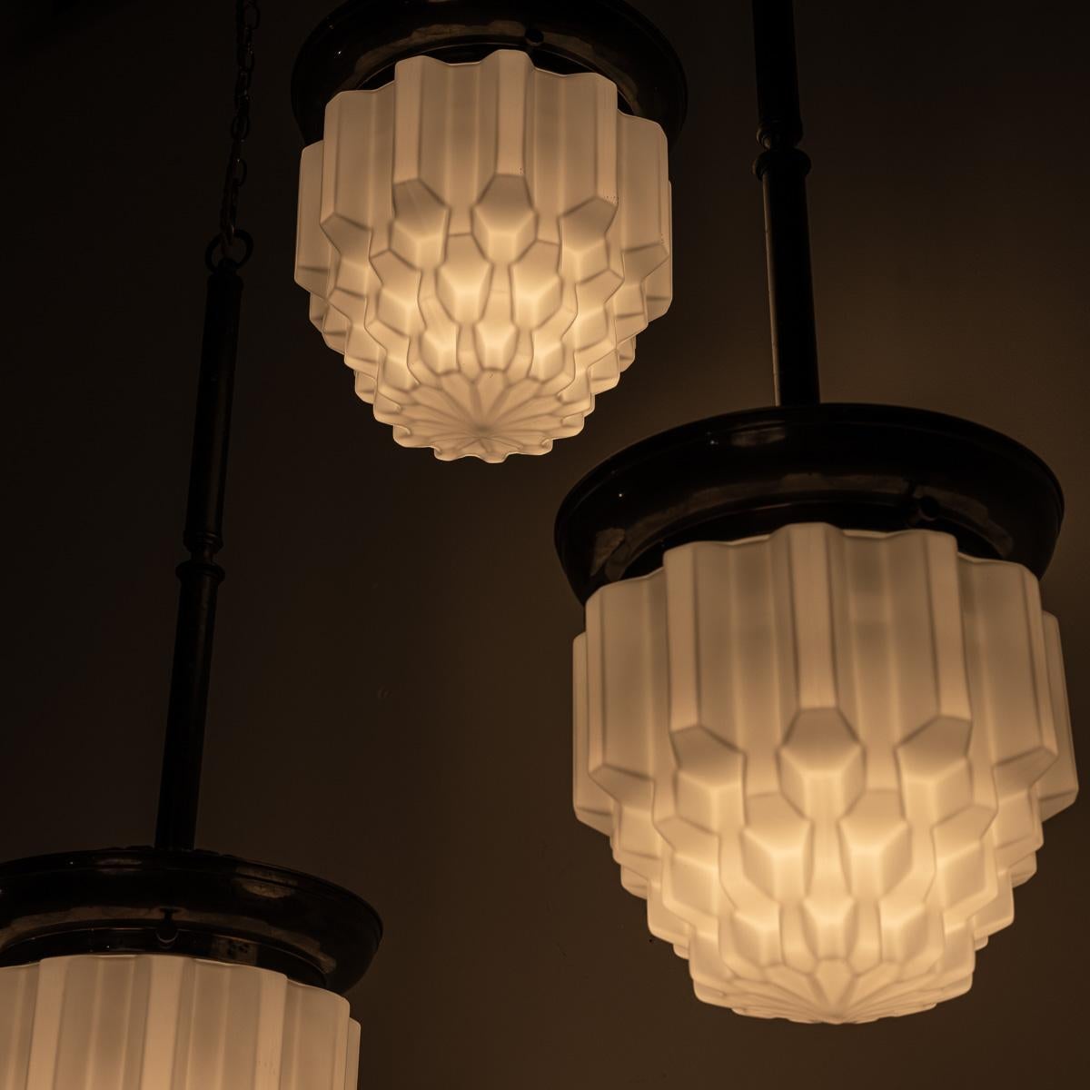 Large Art Deco Geometric Jelly Mould Opaline Glass Pendant Lights Set of Three For Sale 12