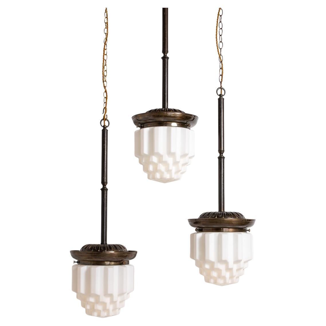 Large Art Deco Geometric Jelly Mould Opaline Glass Pendant Lights Set of Three For Sale