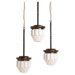 Antique Large Art Deco Geometric Jelly Mould Opaline Glass Pendant Lights Set of Three