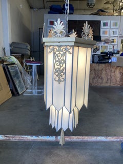 Large Geometric Art Deco Leaded Glass Chandelier w/ Scrolling Top, Available 4