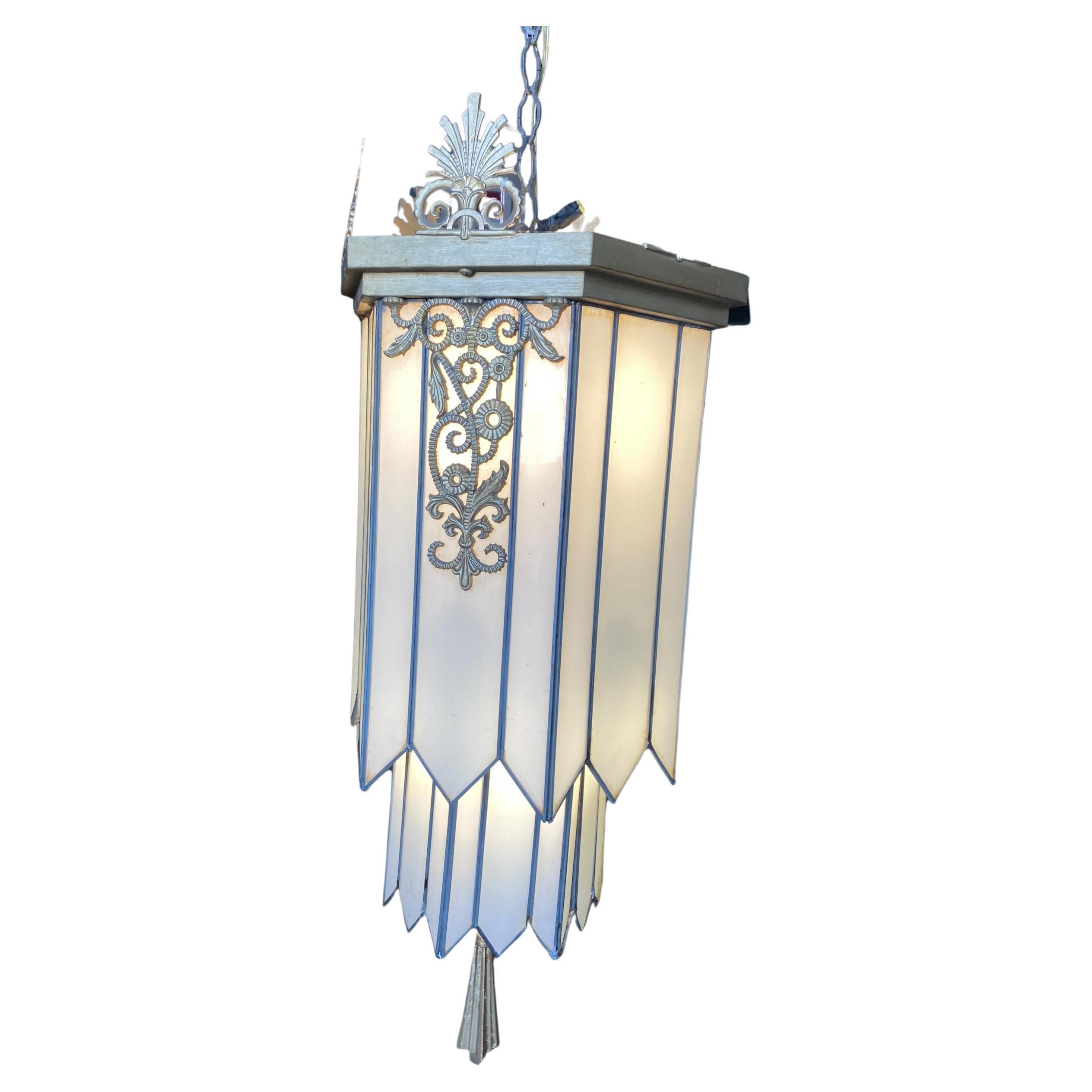 Large Art Deco Geometric Leaded Glass Chandelier with Fan Top For Sale