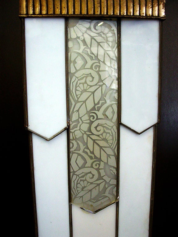 American Large Art Deco Geometric Leaded Glass Chandelier with Scrolling Top For Sale