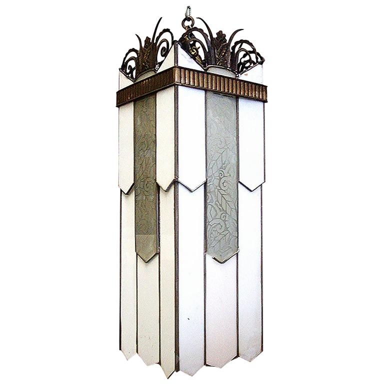 Large Art Deco Geometric Leaded Glass Chandelier with Scrolling Top For Sale