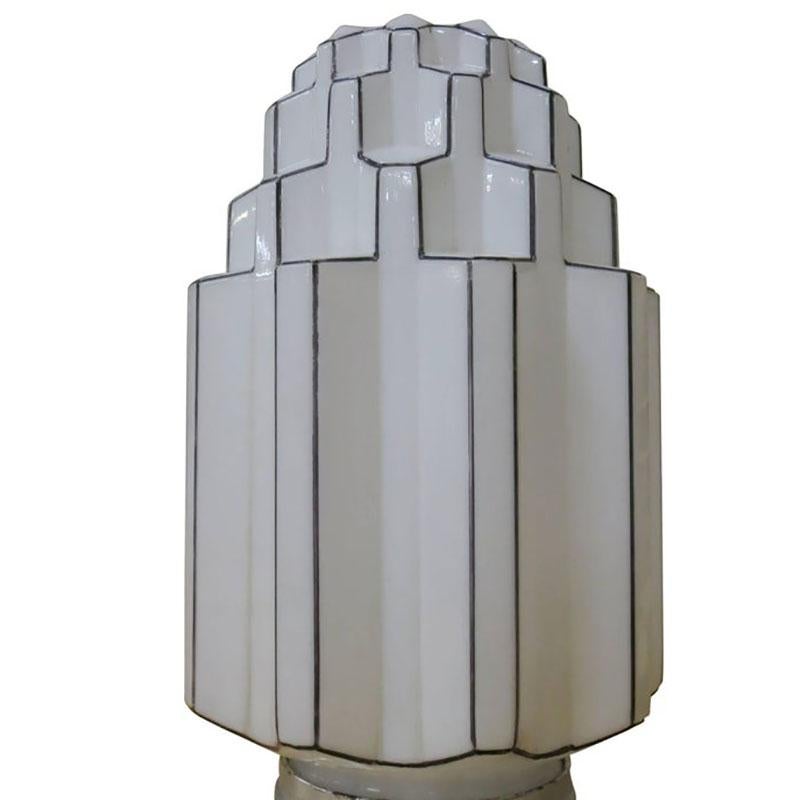 Large stepped Art Deco geometric skyscraper ceiling mounted school house mounted globe with new UL compliment chrome fitter,

circa 1930.