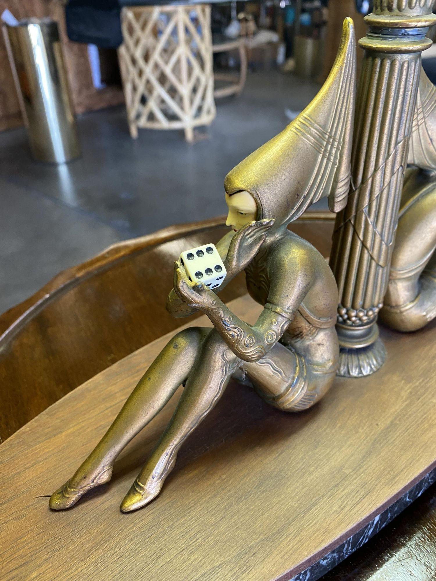 Bronze Large Art Deco Gerdago Pixie Girl Harlequin Figurine Table Lamp by JB Hirsch