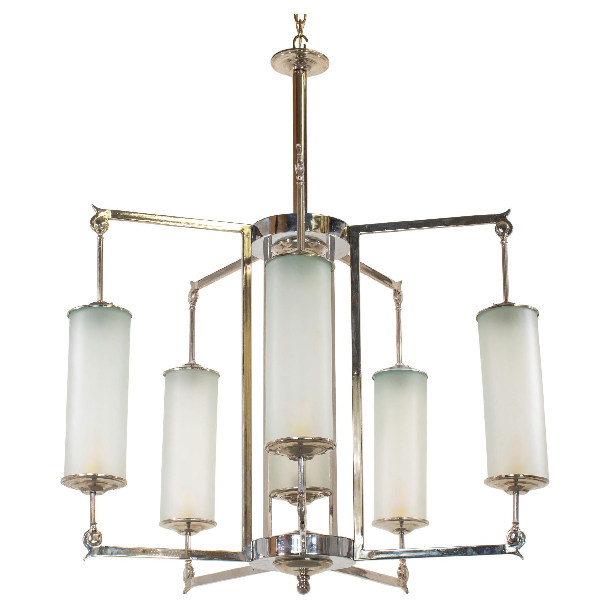 Large Art Deco German Bauhaus Style Chrome and Glass Chandelier