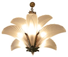 Large Art Deco Gilt Bronze Frosted Glass/ Palm Tree Hollywood Regency Chandelier