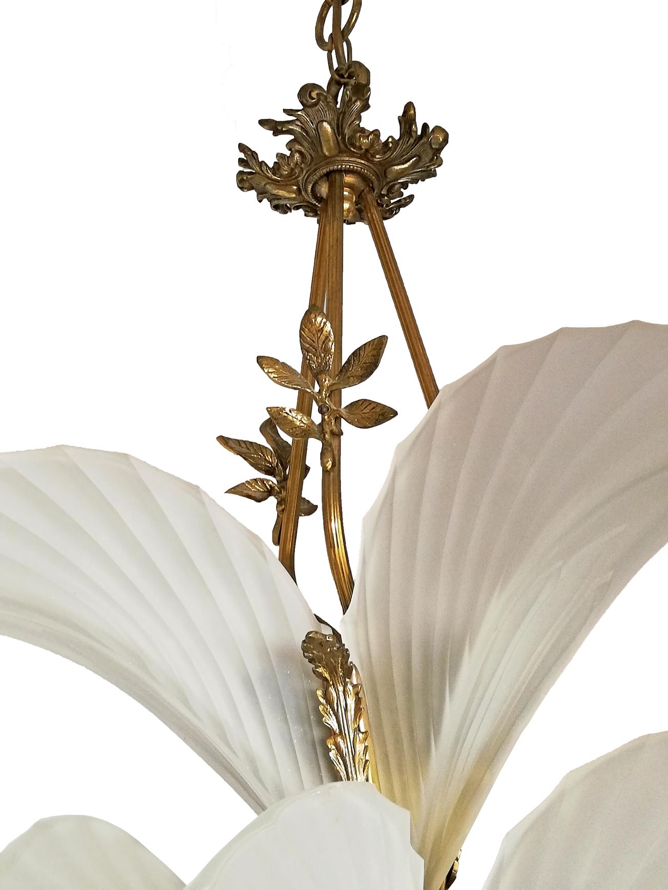 20th Century Large Art Deco Gilt Bronze Frosted Glass/ Palm Tree Hollywood Regency Chandelier