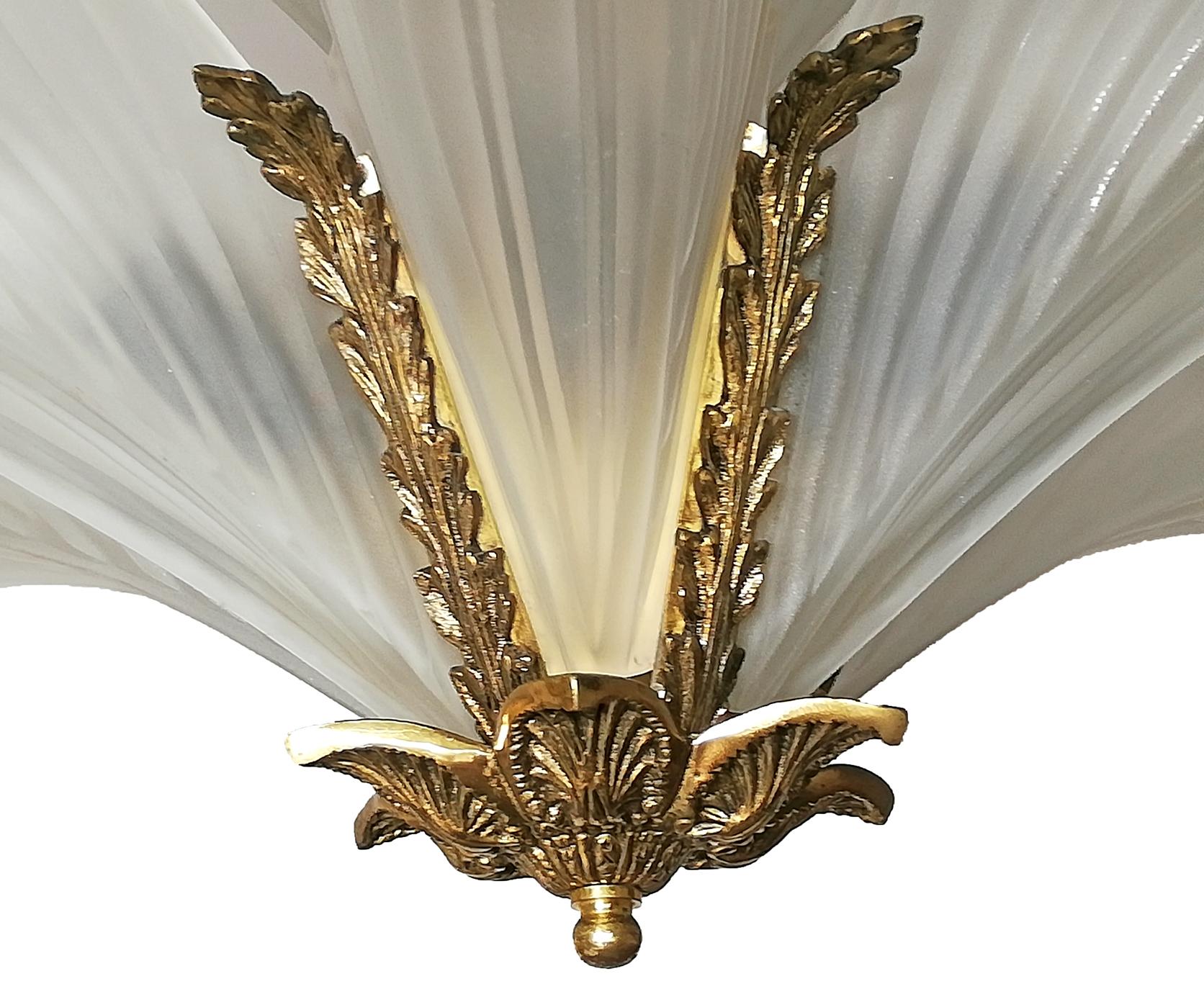 Brass Large Art Deco Gilt Bronze Frosted Glass/ Palm Tree Hollywood Regency Chandelier