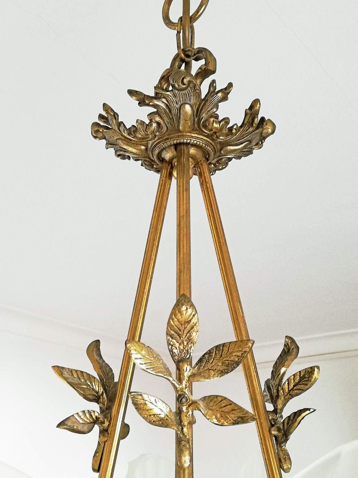 Large Art Deco Gilt Bronze Frosted Glass/ Palm Tree Hollywood Regency Chandelier 1