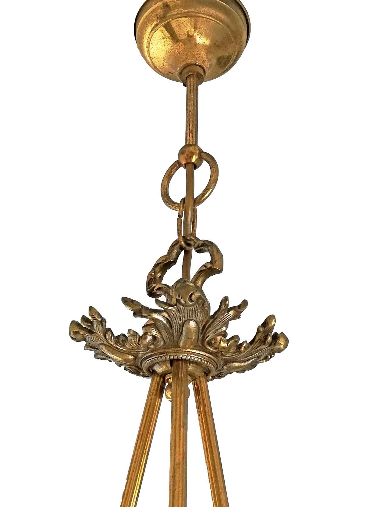 Large Art Deco Gilt Bronze Frosted Glass/ Palm Tree Hollywood Regency Chandelier 2