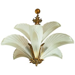 Large Art Deco Gilt Bronze Frosted Glass/ Palm Tree Hollywood Regency Chandelier