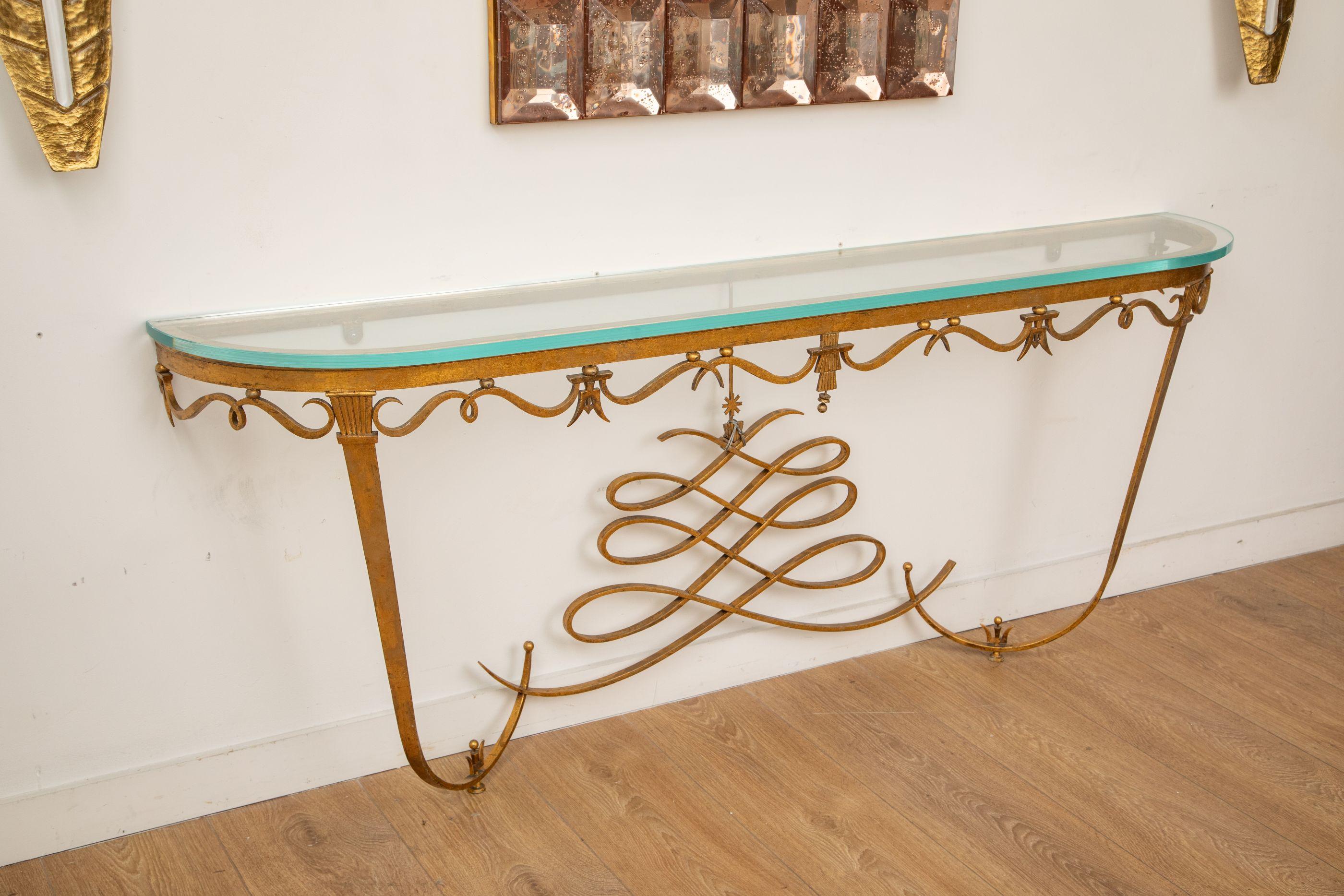 French Large Art Deco Gilt Metal Console, France 1940's For Sale
