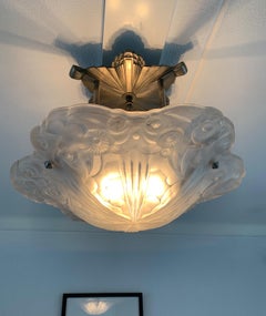 Large Art Deco Glass Flush Mount / Pendant, Degue w. Geometric Bronze Hardware
