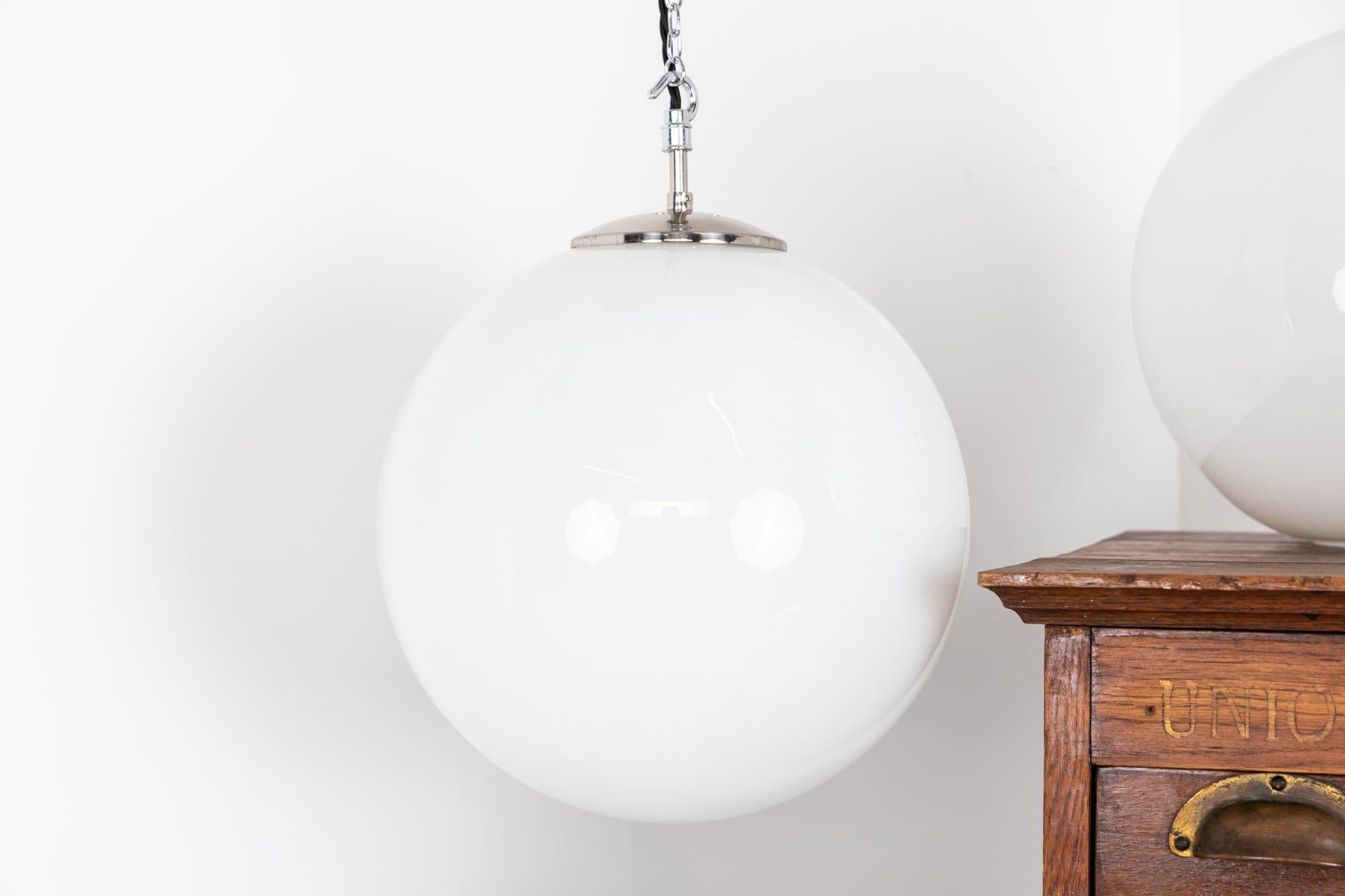 Hand-Crafted Large Art Deco Globe Opaline Glass Pendant Lamp Chrome Gallery, C.1940 For Sale