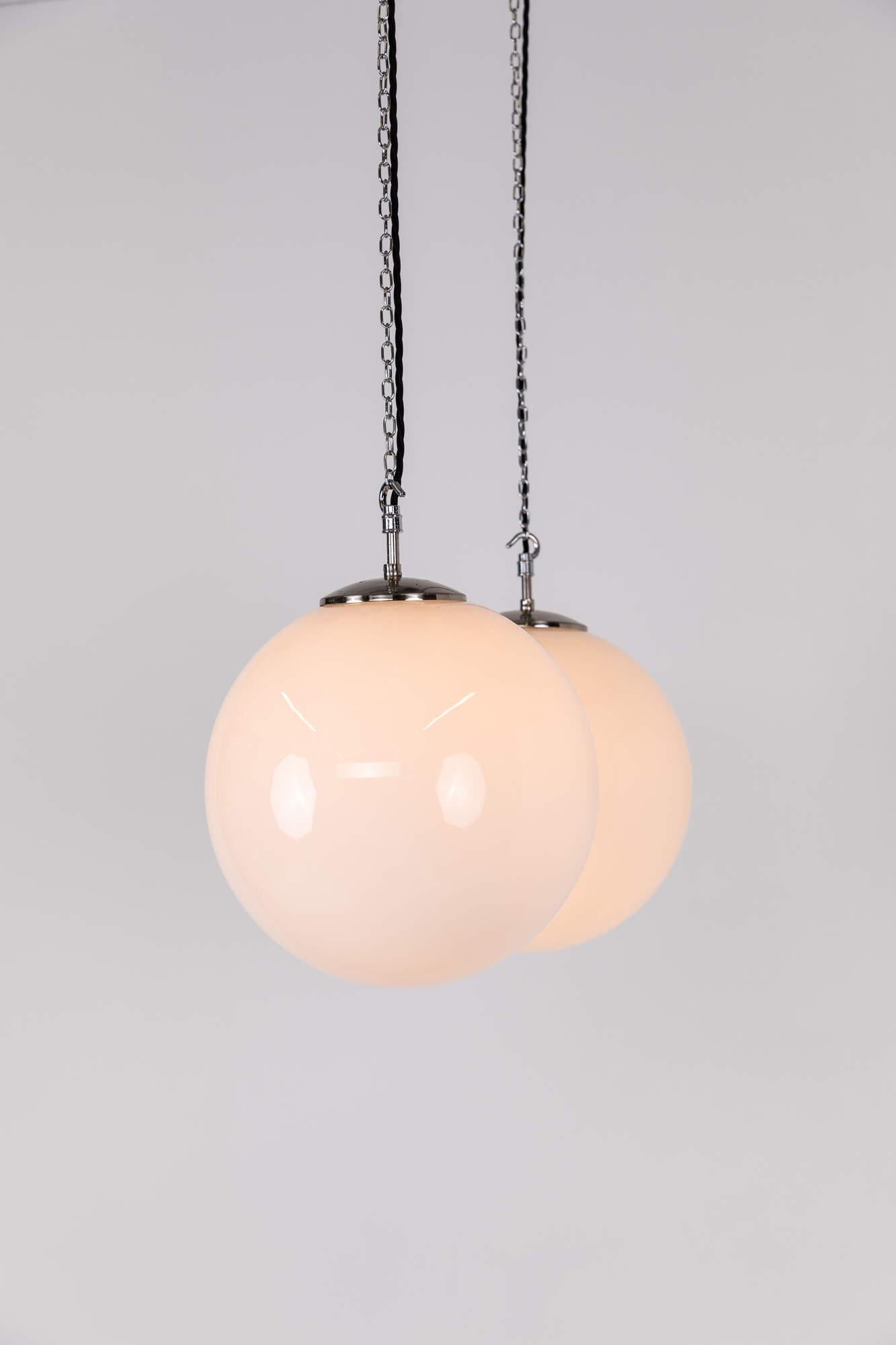 Large Art Deco Globe Opaline Glass Pendant Lamp Chrome Gallery, C.1940 In Good Condition For Sale In London, GB
