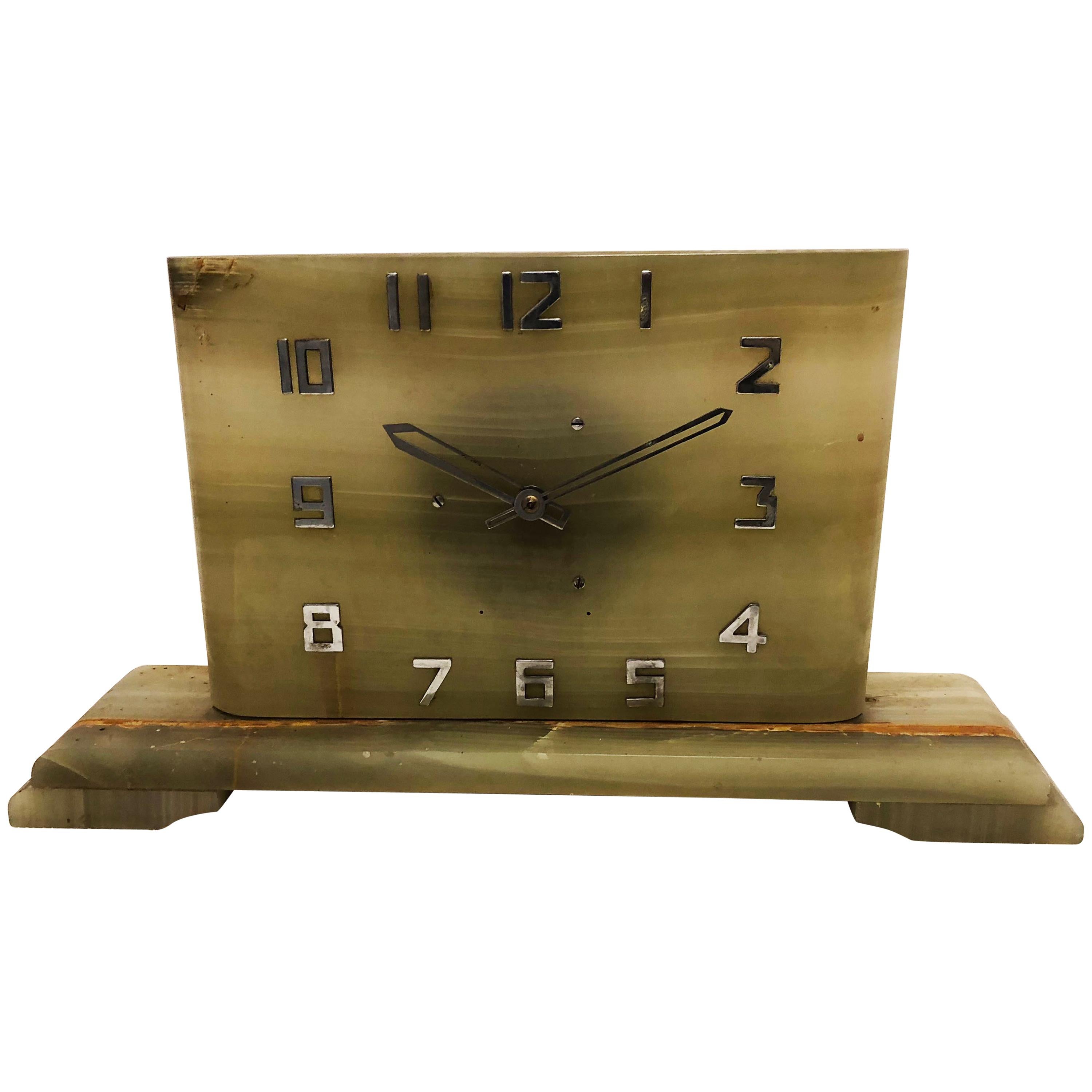 Large Art Deco Green Alabaster Table Clock