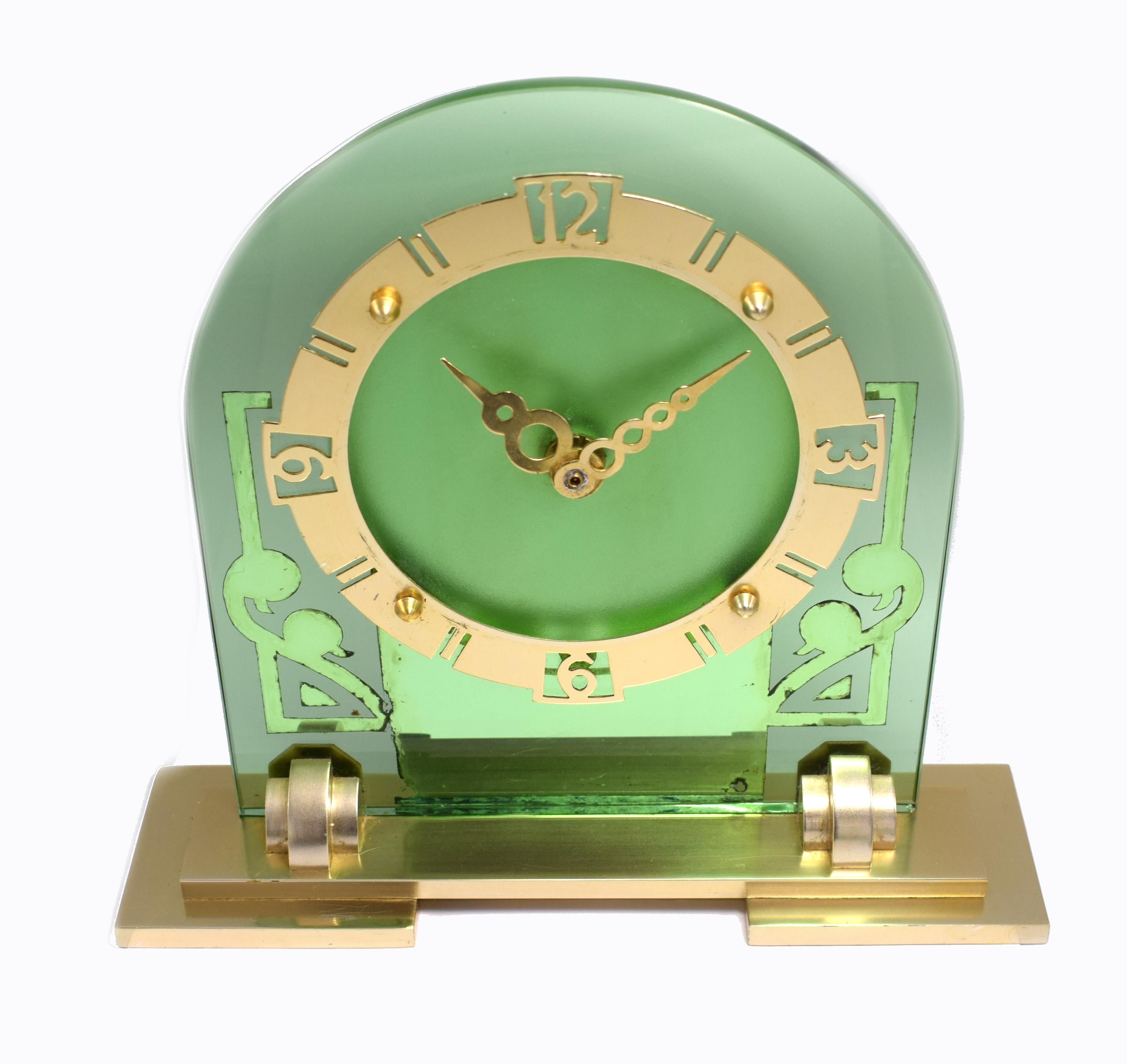 English Large Art Deco Green Mirror Mantle Clock