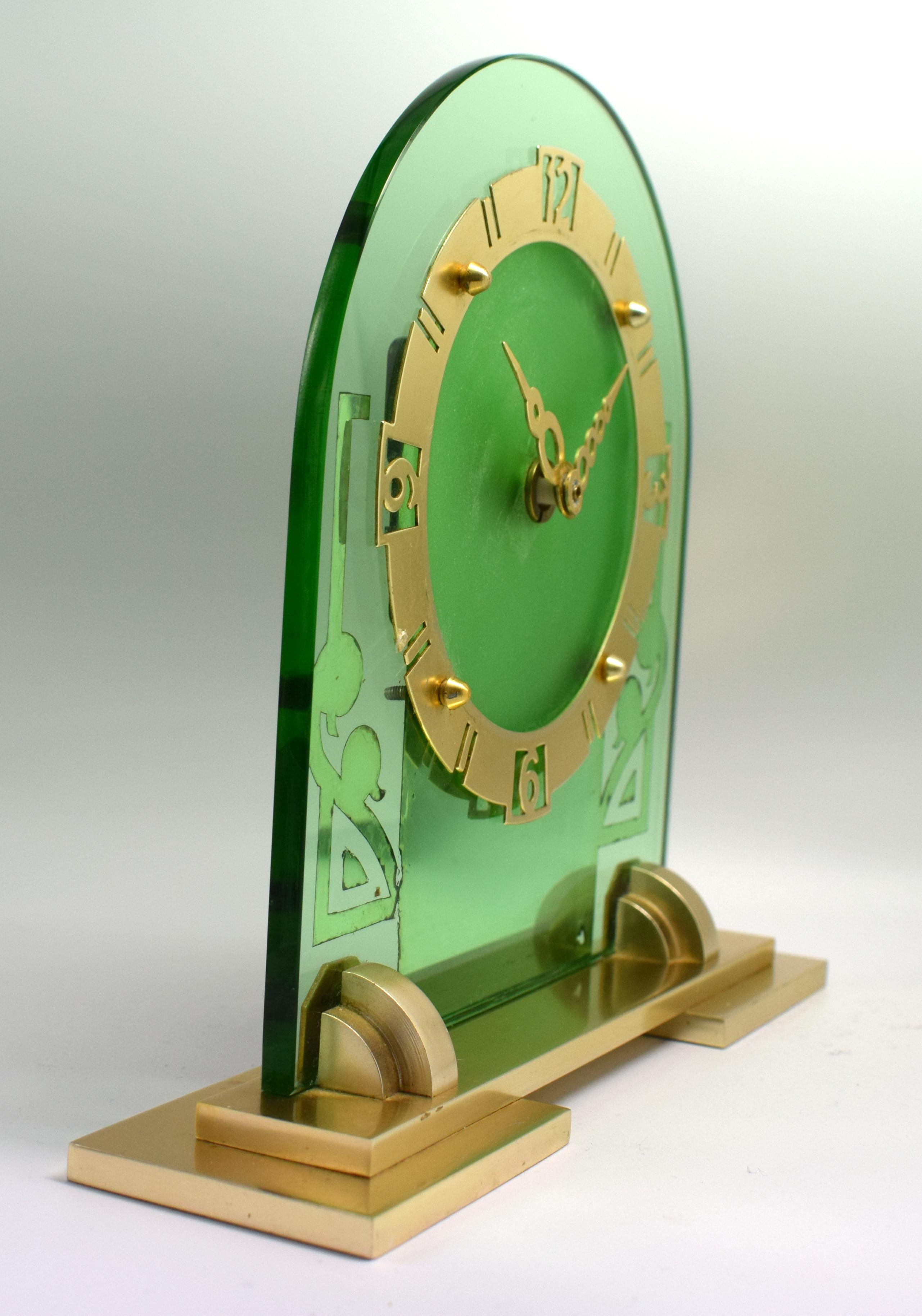 20th Century Large Art Deco Green Mirror Mantle Clock