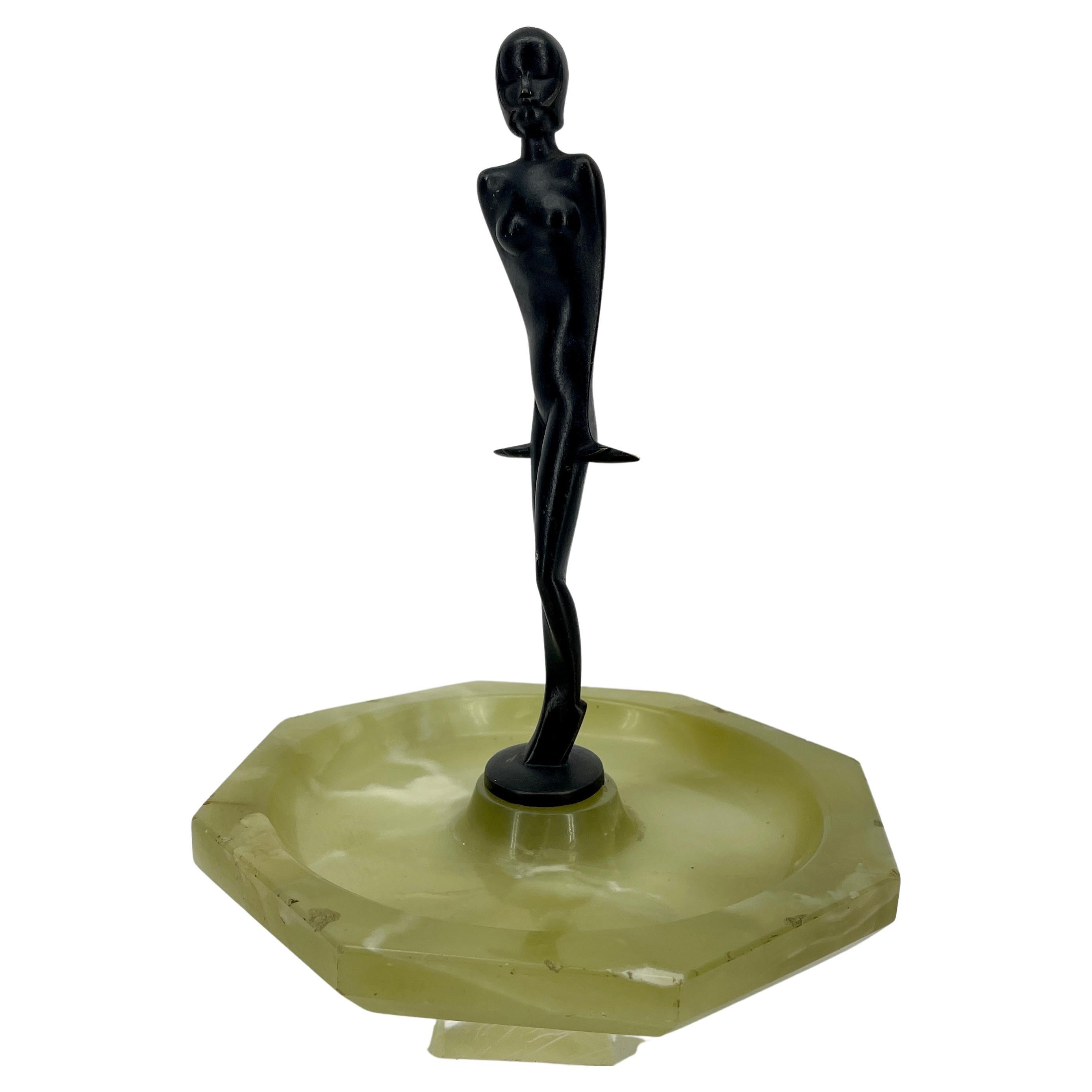 Large Art Deco Green Onyx Cigar Ashtray with Nude Bronze Lady Sculpture.
Signed 