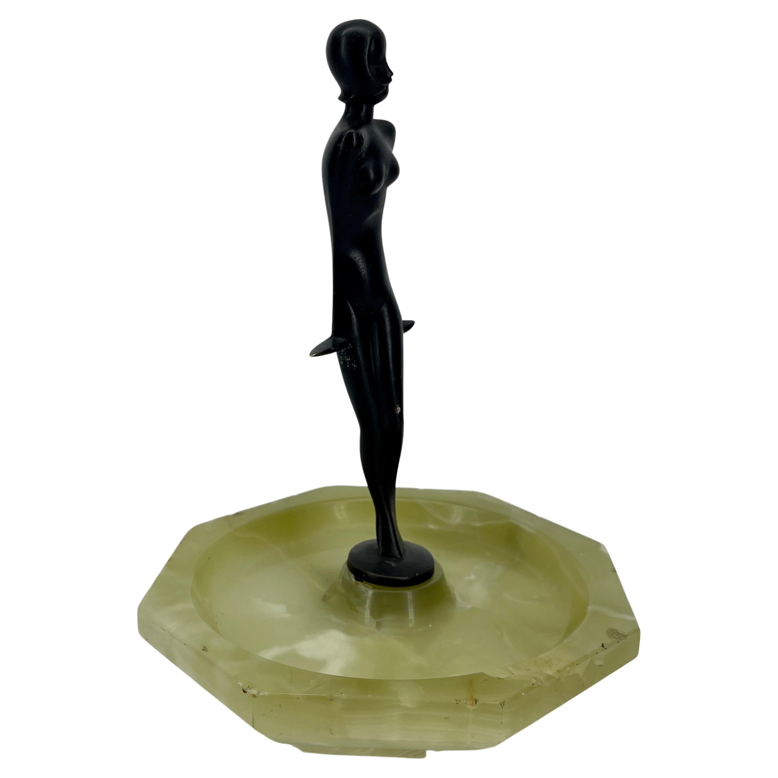 Austrian Large Art Deco Green Onyx Cigar Ashtray with Nude Bronze Lady Sculpture For Sale