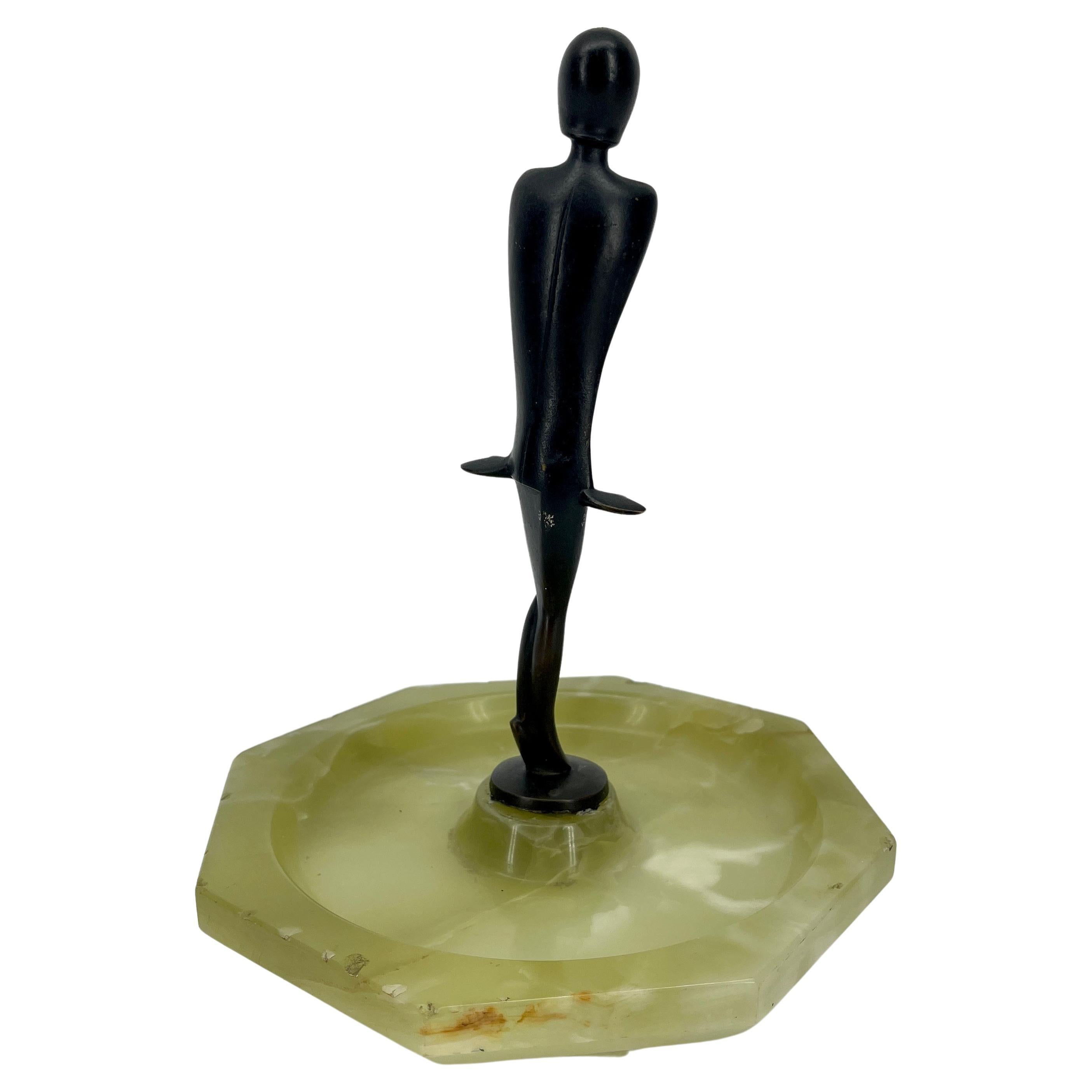 Large Art Deco Green Onyx Cigar Ashtray with Nude Bronze Lady Sculpture For Sale