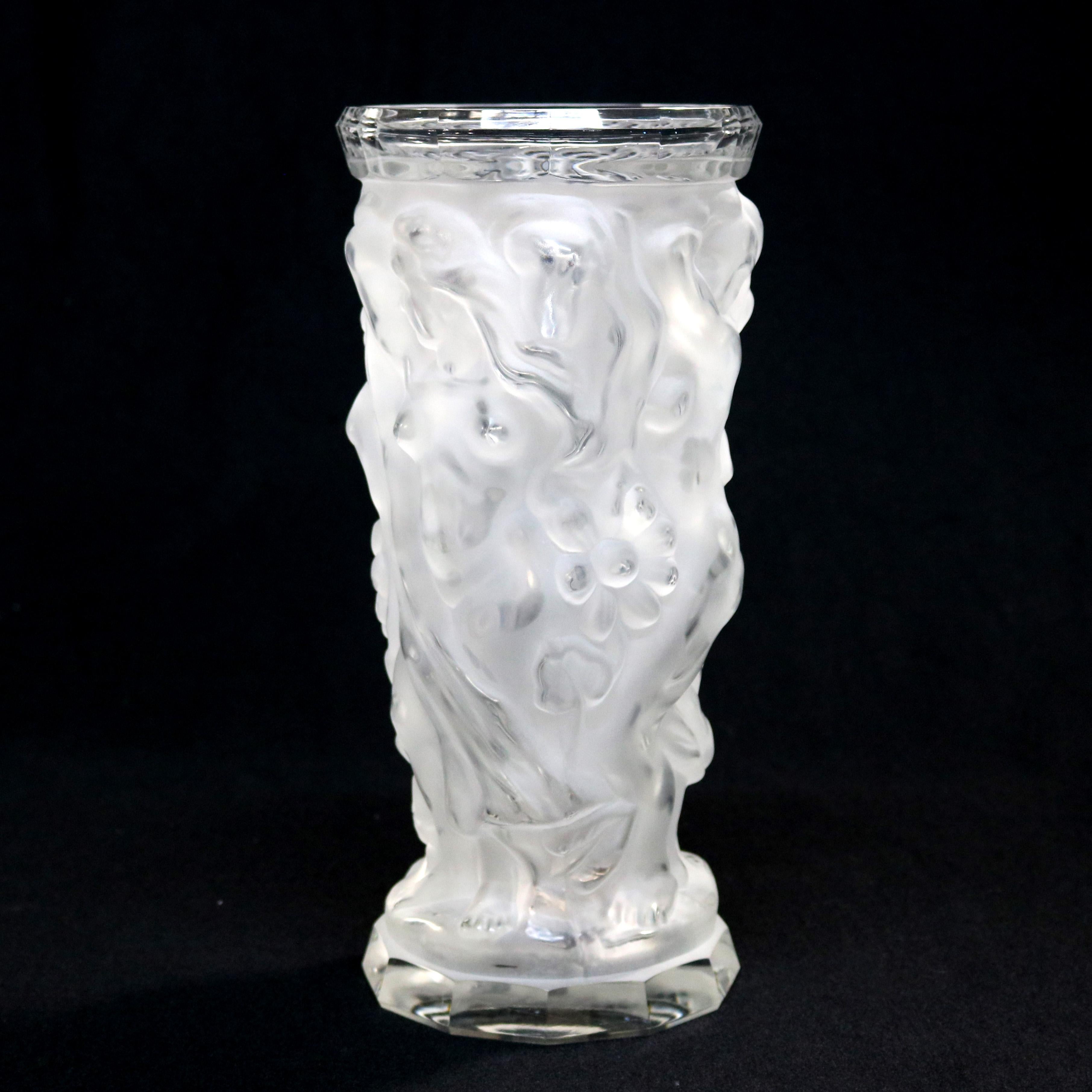 A large vintage Art Deco into Art Nouveau Czech frosted crystal vase by Frantisek Halama offers blown out decoration of dancing nude female, nymphs, original label and box as photographed, 20th century
 
Measures- 14.5