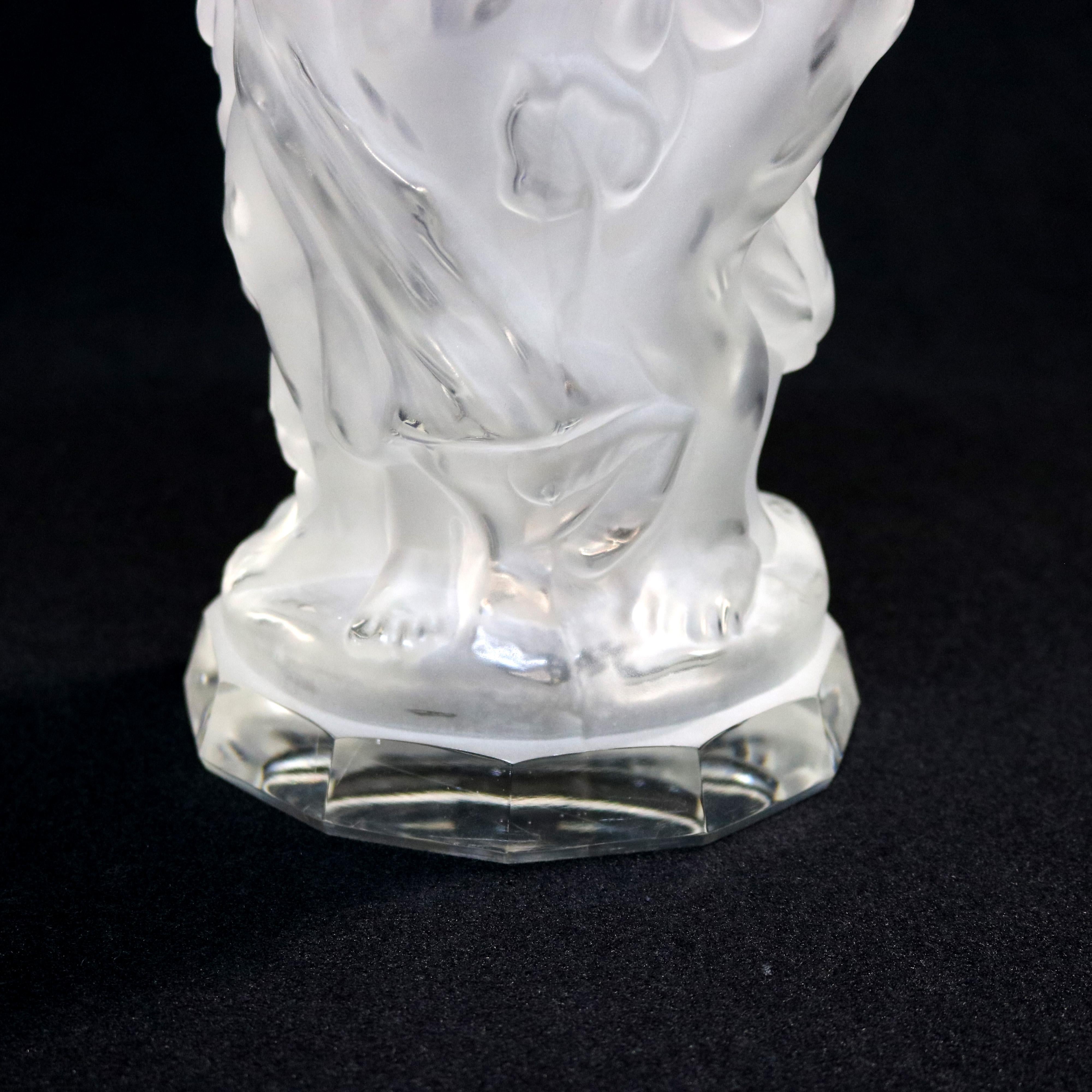 Frosted Large Art Deco Halama Czech Crystal Glass Figural Vase, Dancing Nymphs
