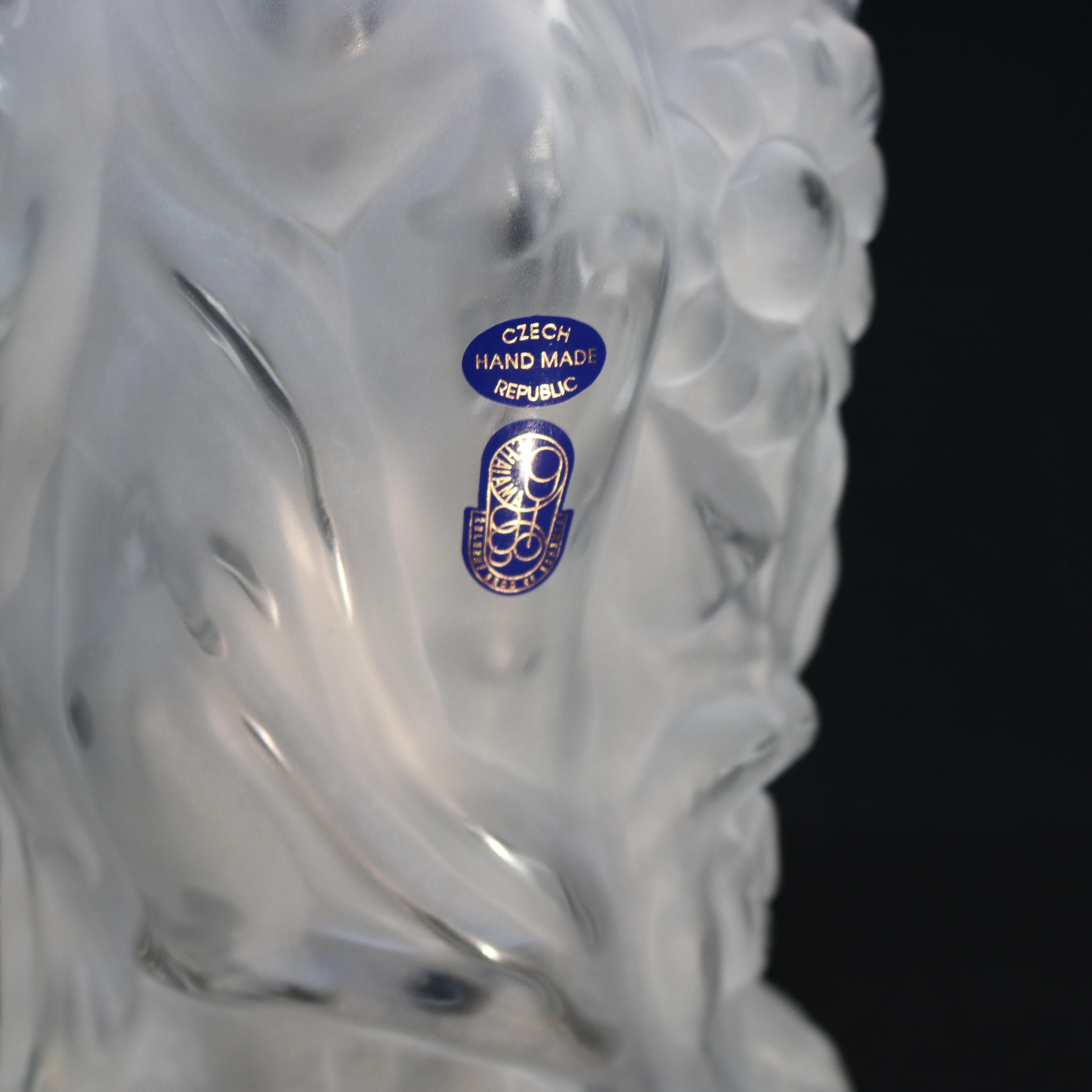 Large Art Deco Halama Czech Crystal Glass Figural Vase, Dancing Nymphs In Good Condition In Big Flats, NY