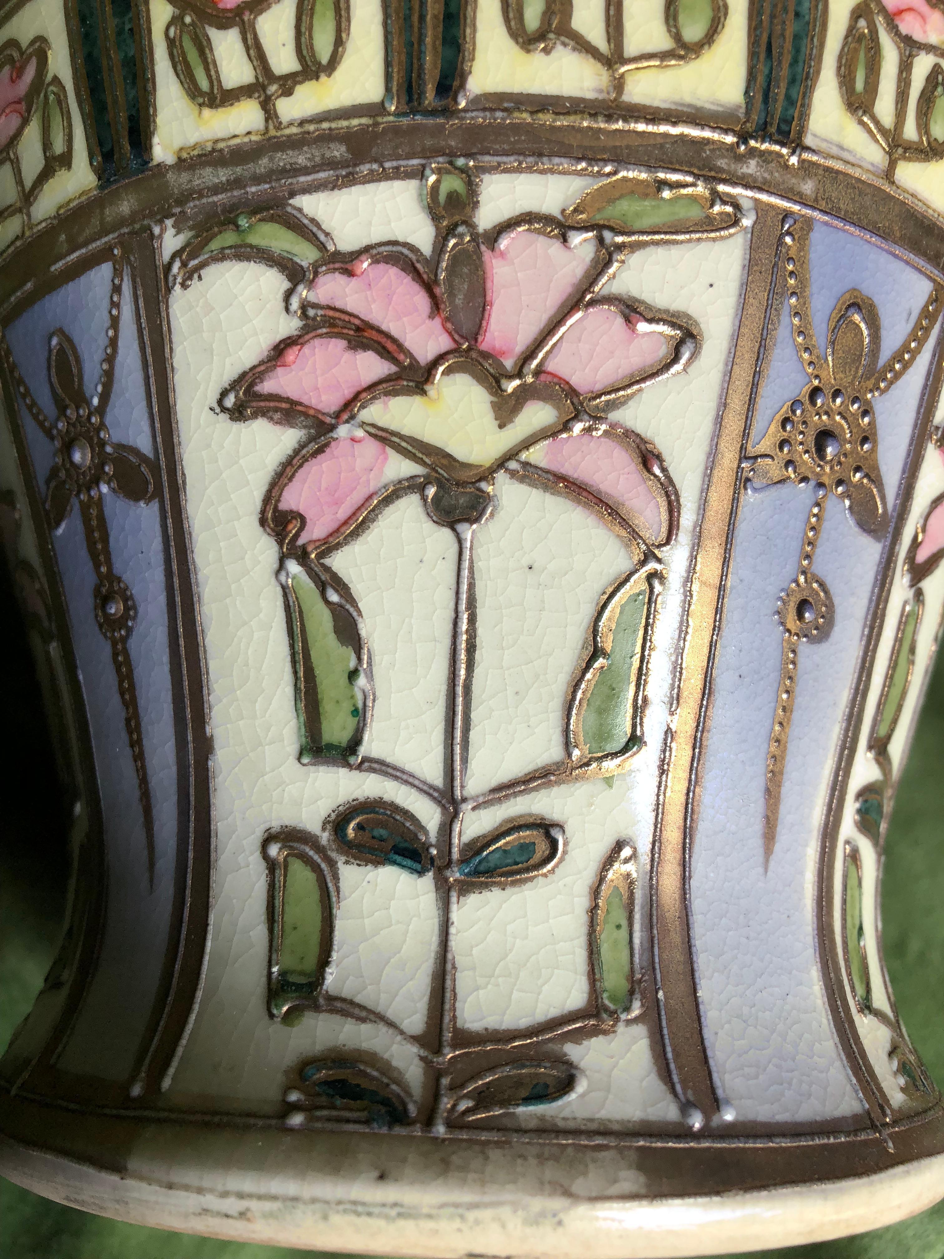 Large Art Deco Hand-Painted Two Handled Vase, Signed MM For Sale 4