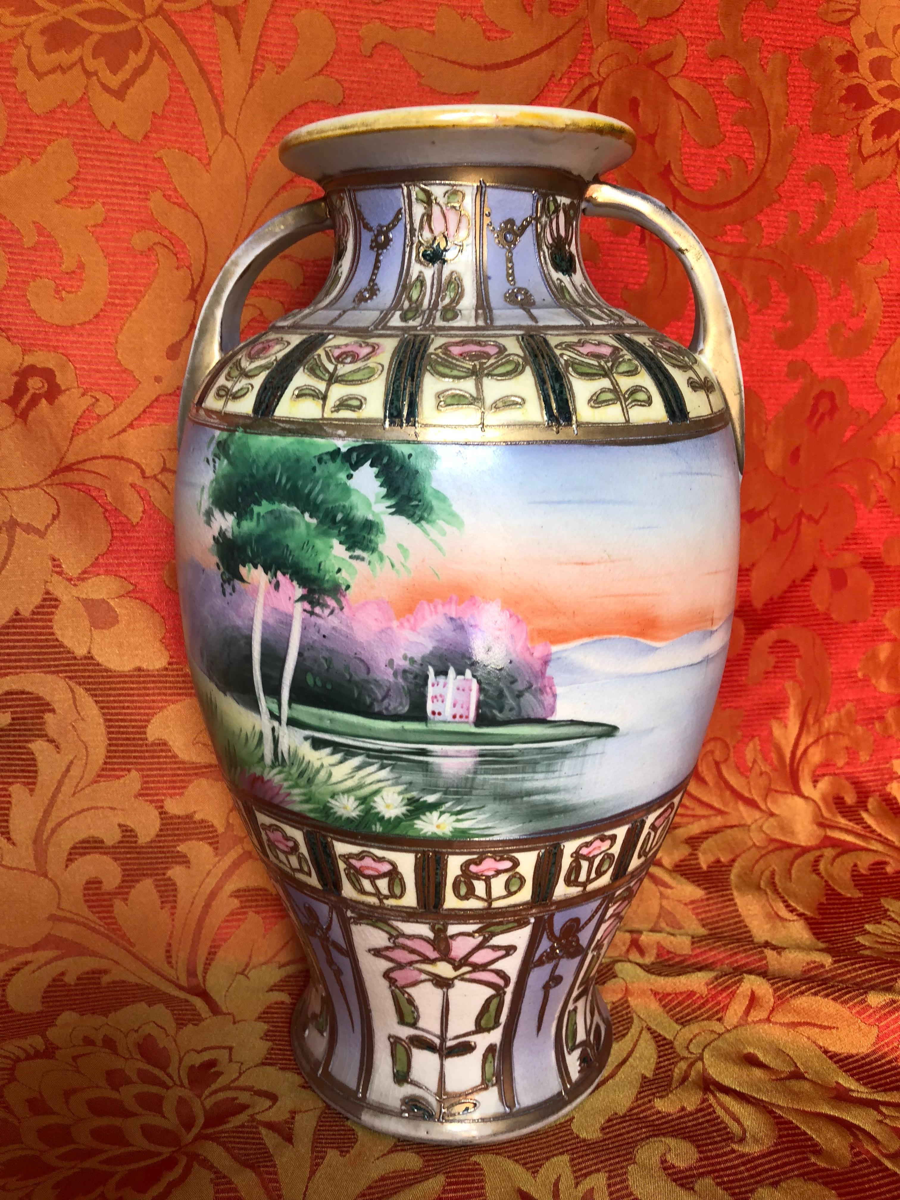 Large Art Deco Hand-Painted Two Handled Vase, Signed MM For Sale 6