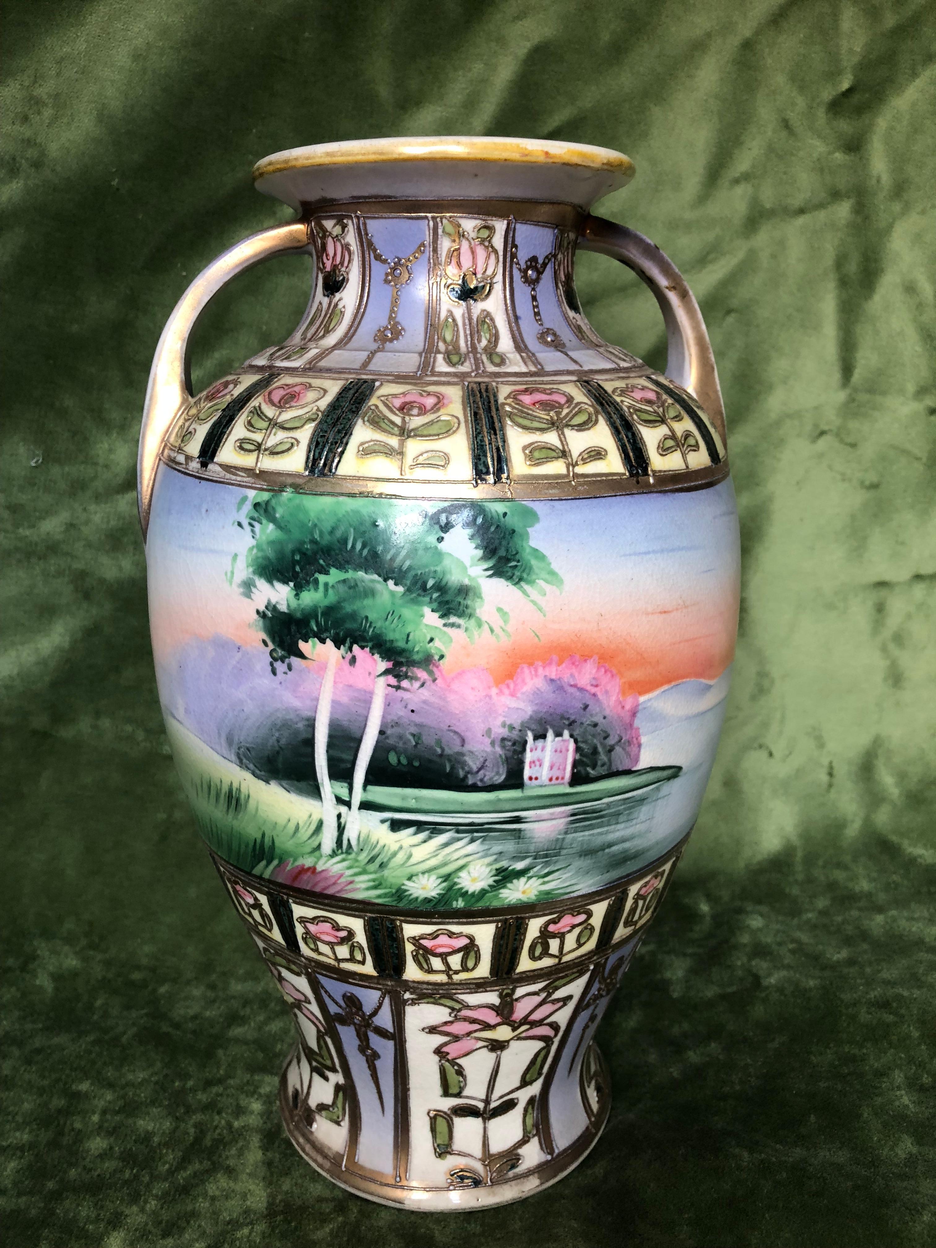 Large Art Deco Hand-Painted Two Handled Vase, Signed MM For Sale 8