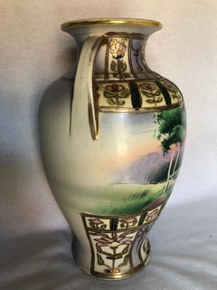 Large Art Deco Hand-Painted Two Handled Vase, Signed MM