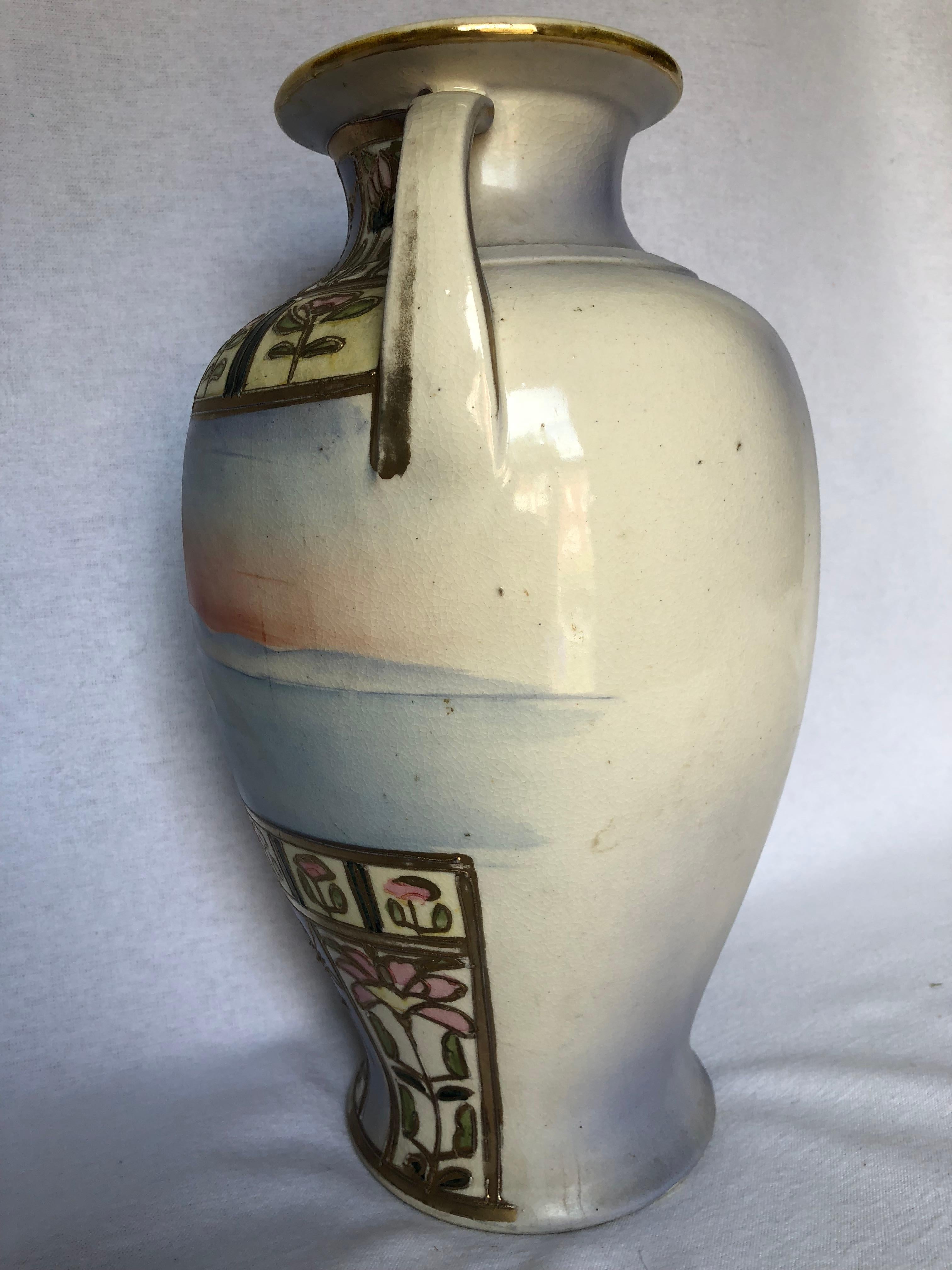Large Art Deco Hand-Painted Two Handled Vase, Signed MM In Good Condition For Sale In Harrisburg, PA