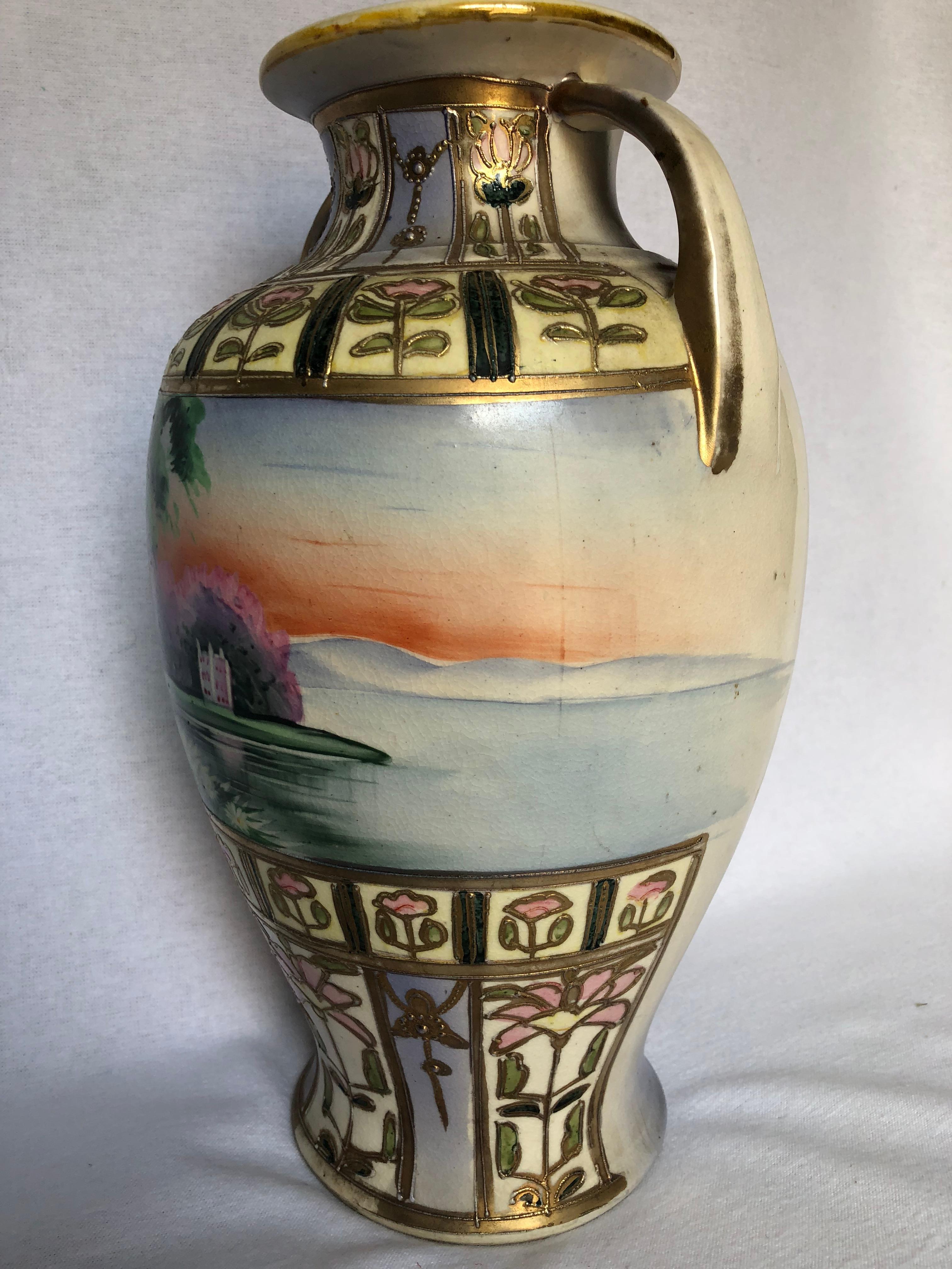 Mid-20th Century Large Art Deco Hand-Painted Two Handled Vase, Signed MM For Sale