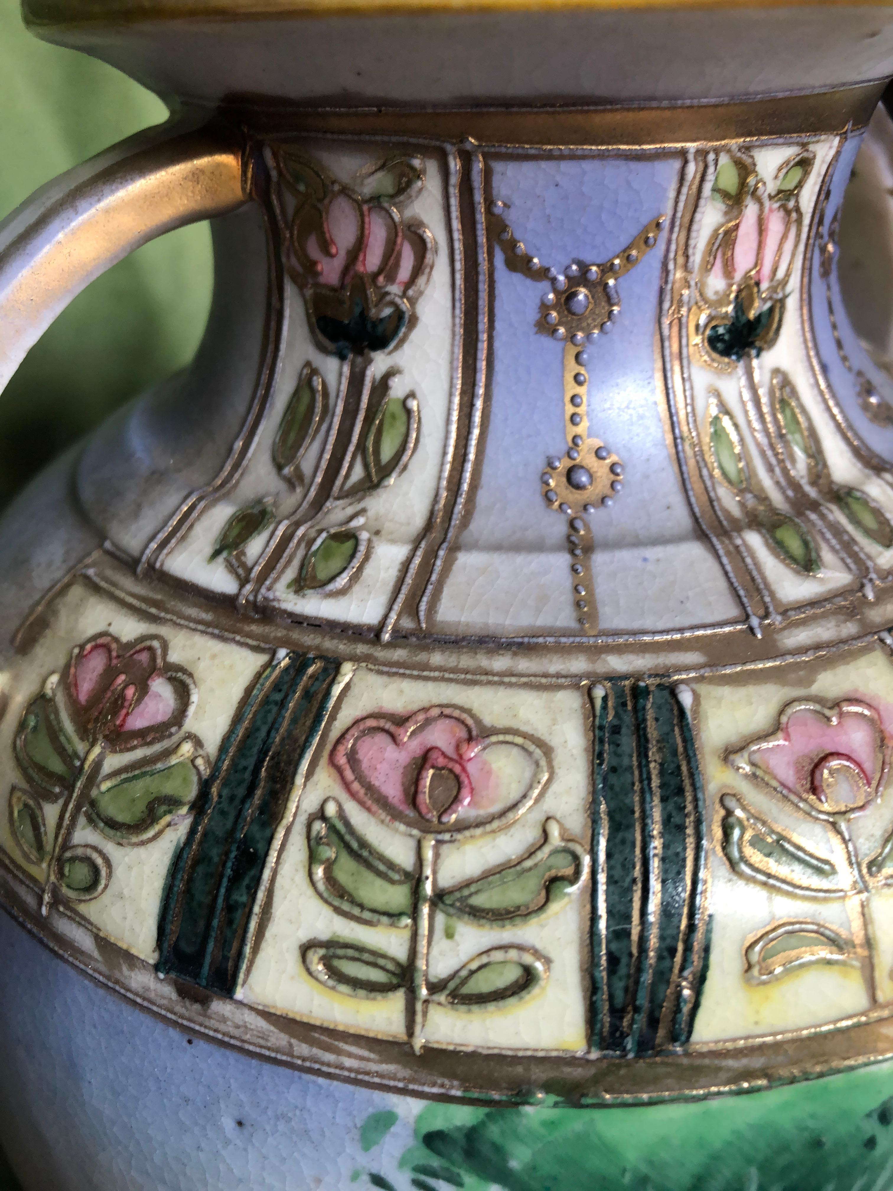 Large Art Deco Hand-Painted Two Handled Vase, Signed MM For Sale 2