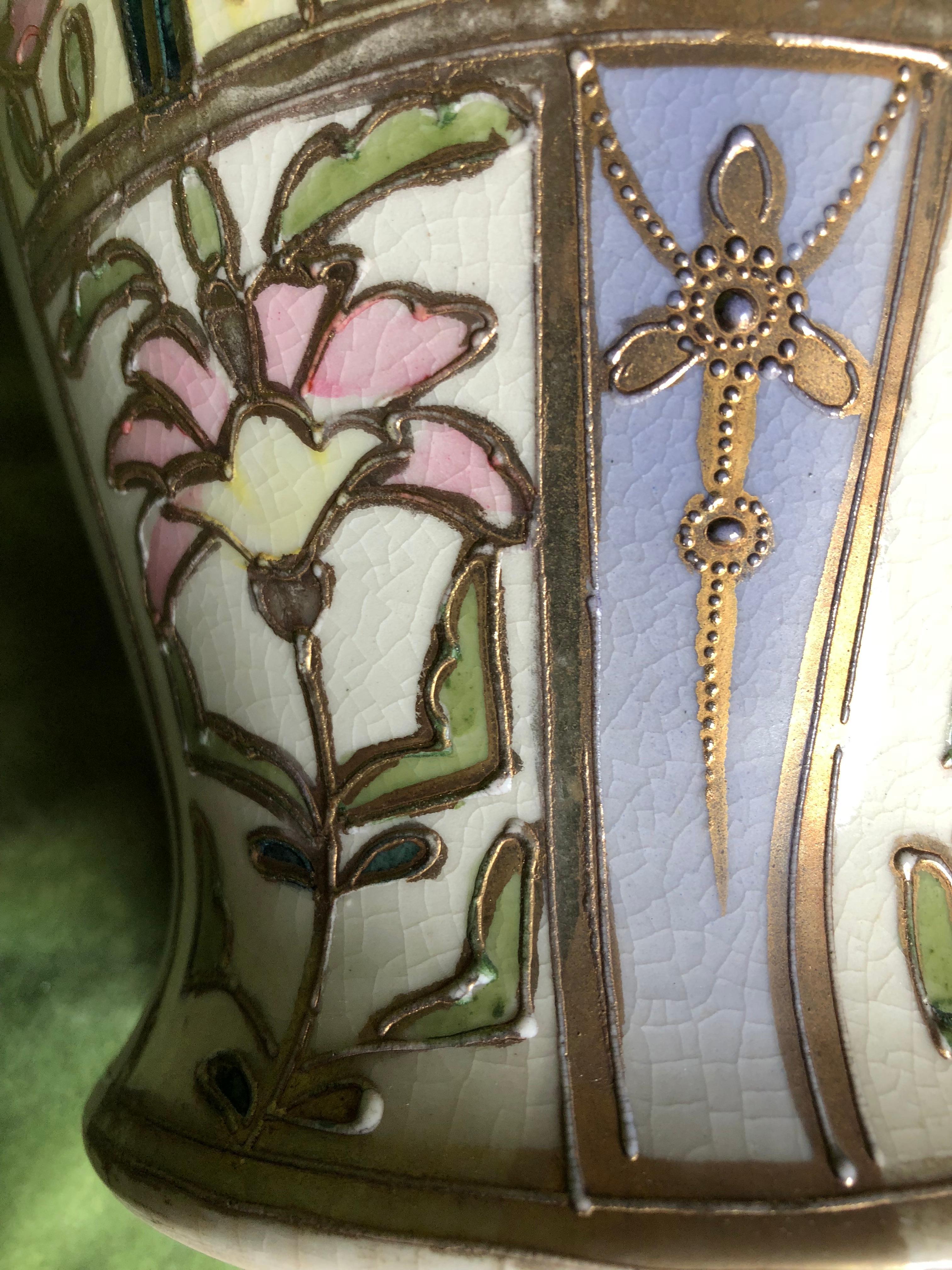 Large Art Deco Hand-Painted Two Handled Vase, Signed MM For Sale 3