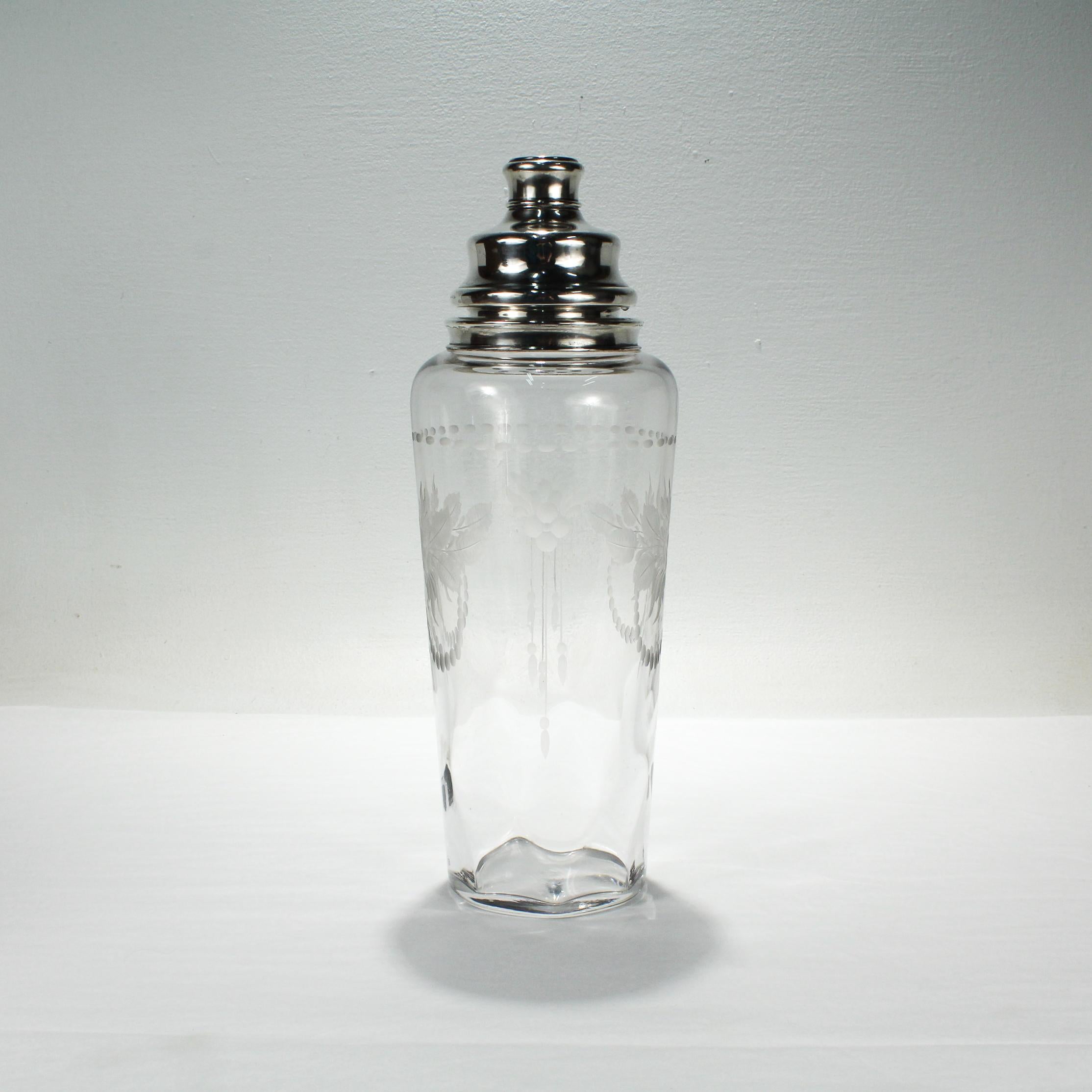 Large Art Deco Hawkes Sterling Mounted Engraved Glass or Crystal Cocktail Shaker In Good Condition For Sale In Philadelphia, PA