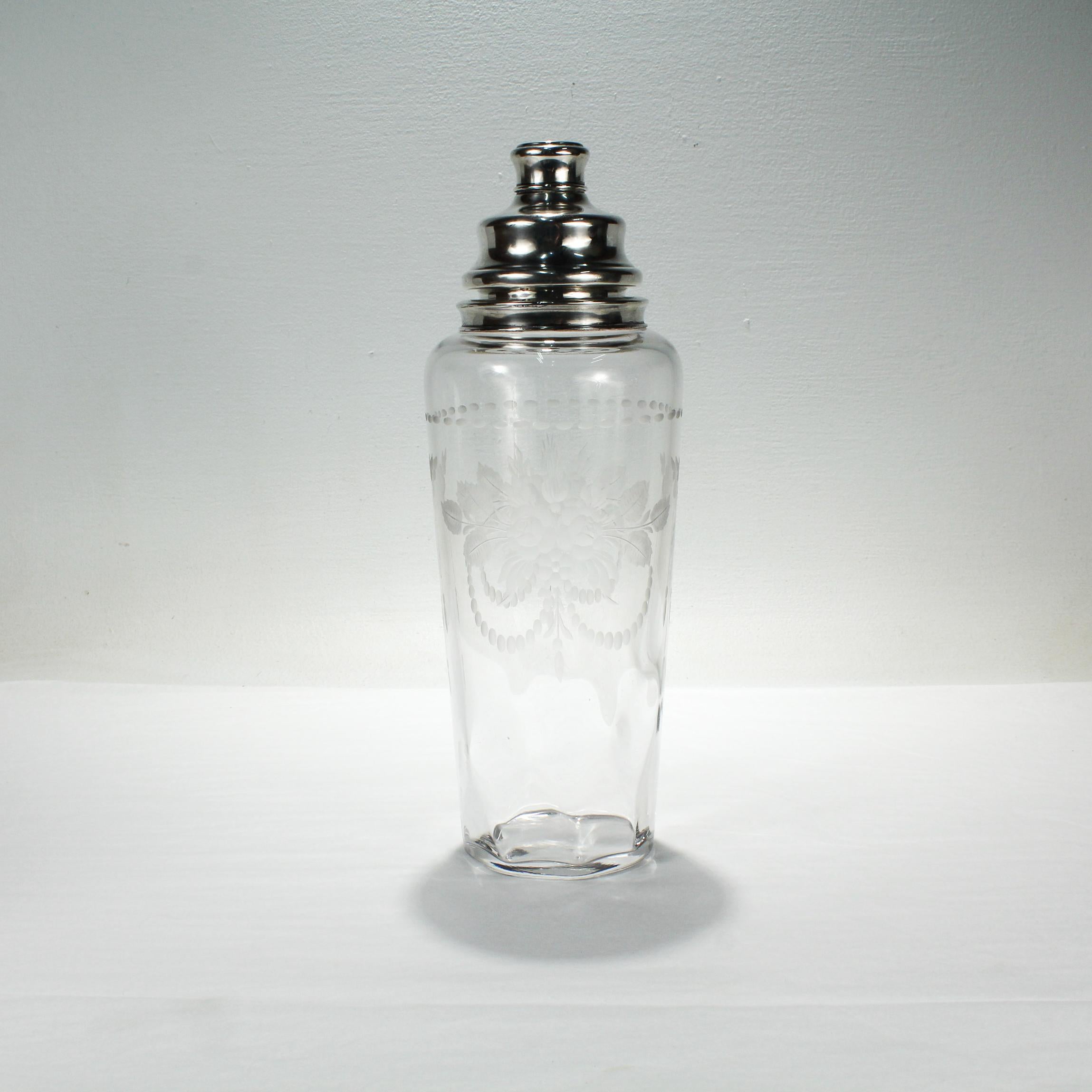 Women's or Men's Large Art Deco Hawkes Sterling Mounted Engraved Glass or Crystal Cocktail Shaker For Sale