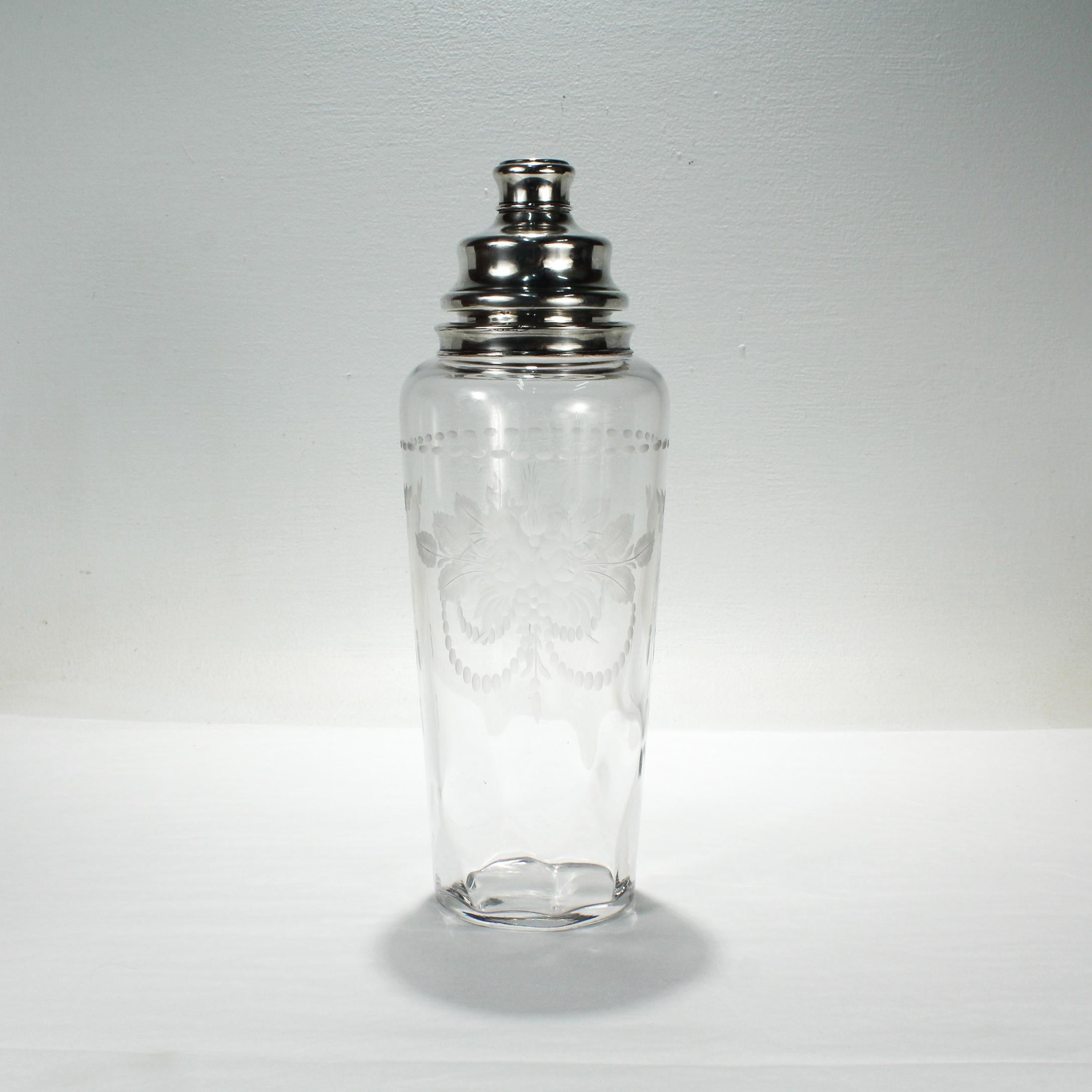 Large Art Deco Hawkes Sterling Mounted Engraved Glass or Crystal Cocktail Shaker For Sale 1