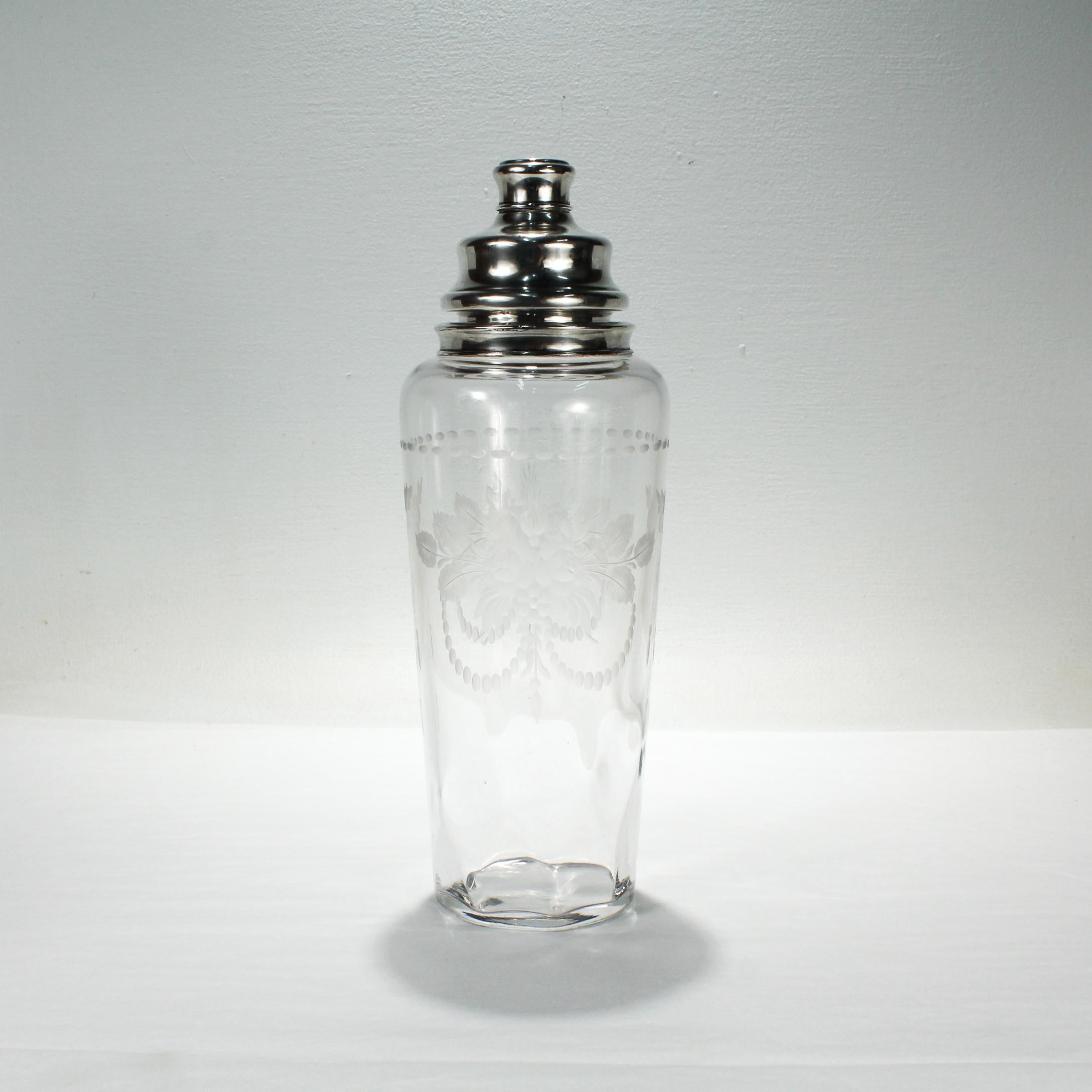 Large Art Deco Hawkes Sterling Mounted Engraved Glass or Crystal Cocktail Shaker 1