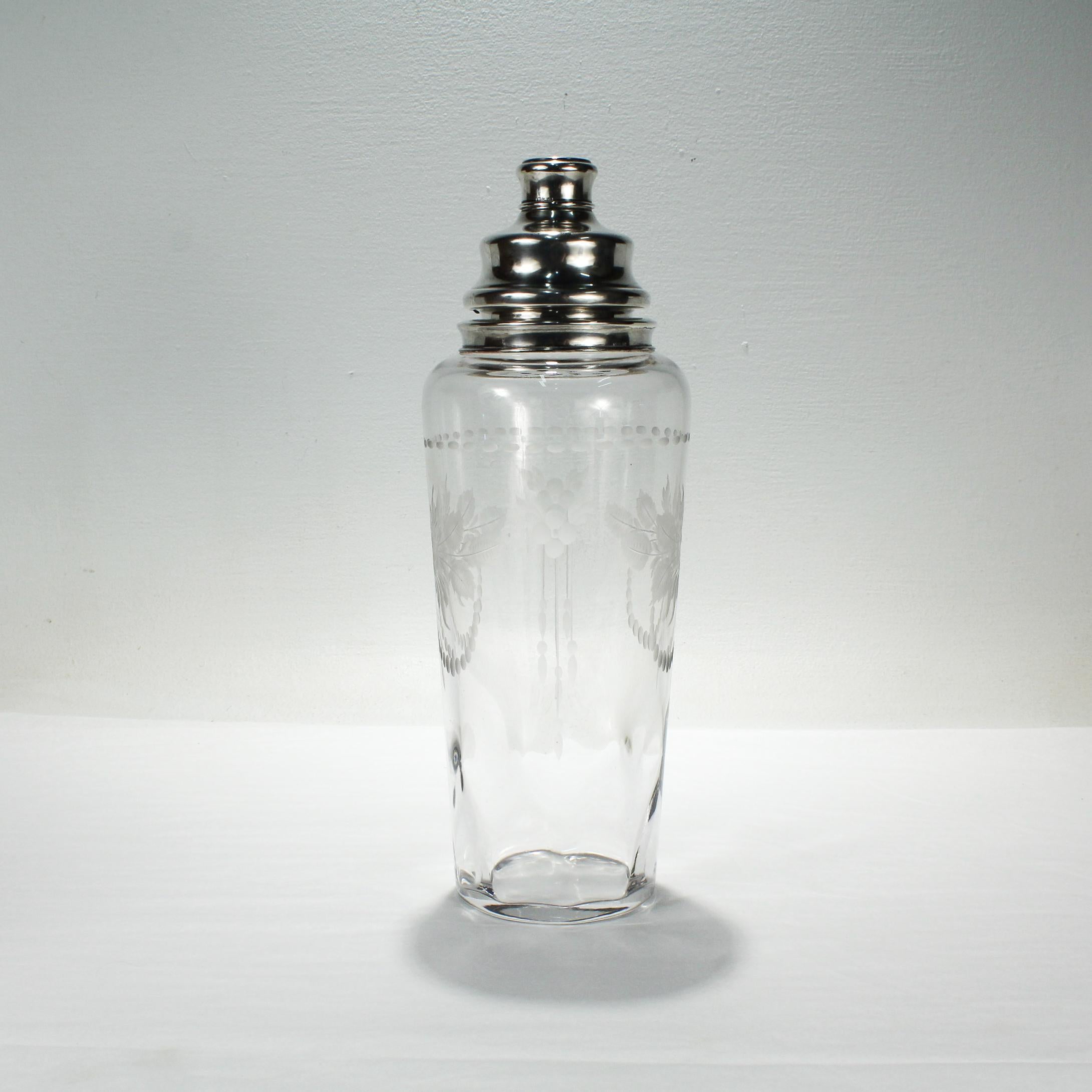 Large Art Deco Hawkes Sterling Mounted Engraved Glass or Crystal Cocktail Shaker For Sale 2