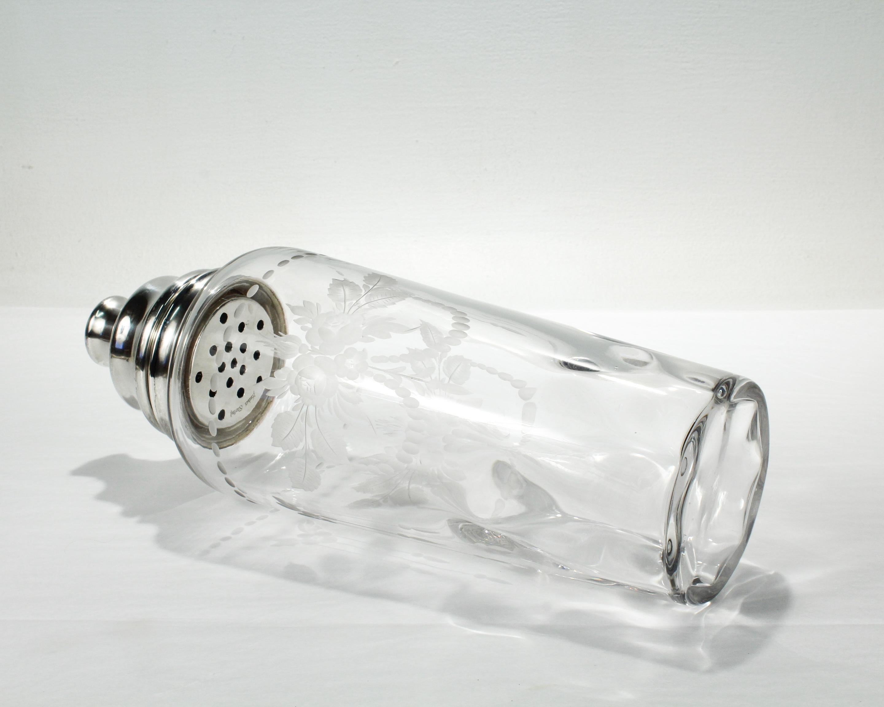 Large Art Deco Hawkes Sterling Mounted Engraved Glass or Crystal Cocktail Shaker For Sale 3