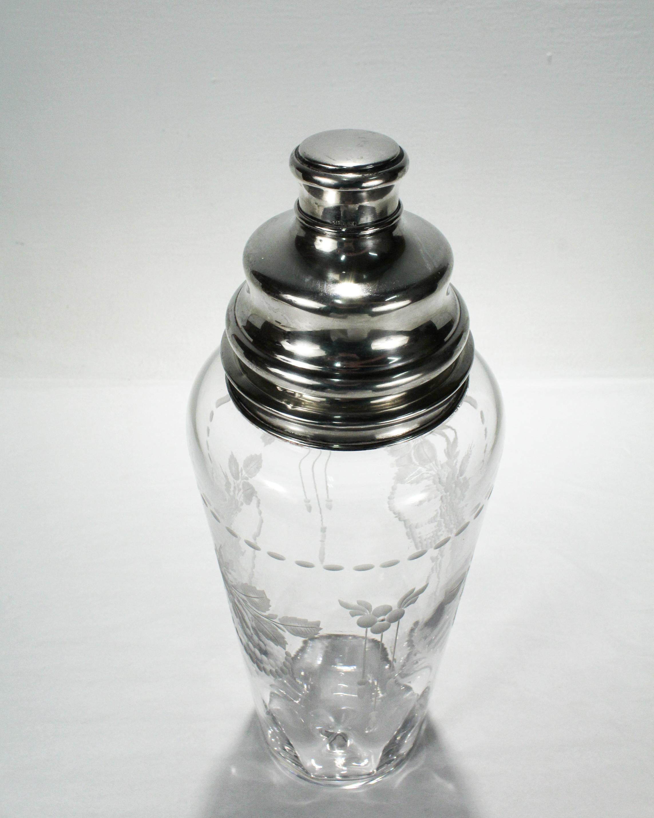 Large Art Deco Hawkes Sterling Mounted Engraved Glass or Crystal Cocktail Shaker For Sale 4