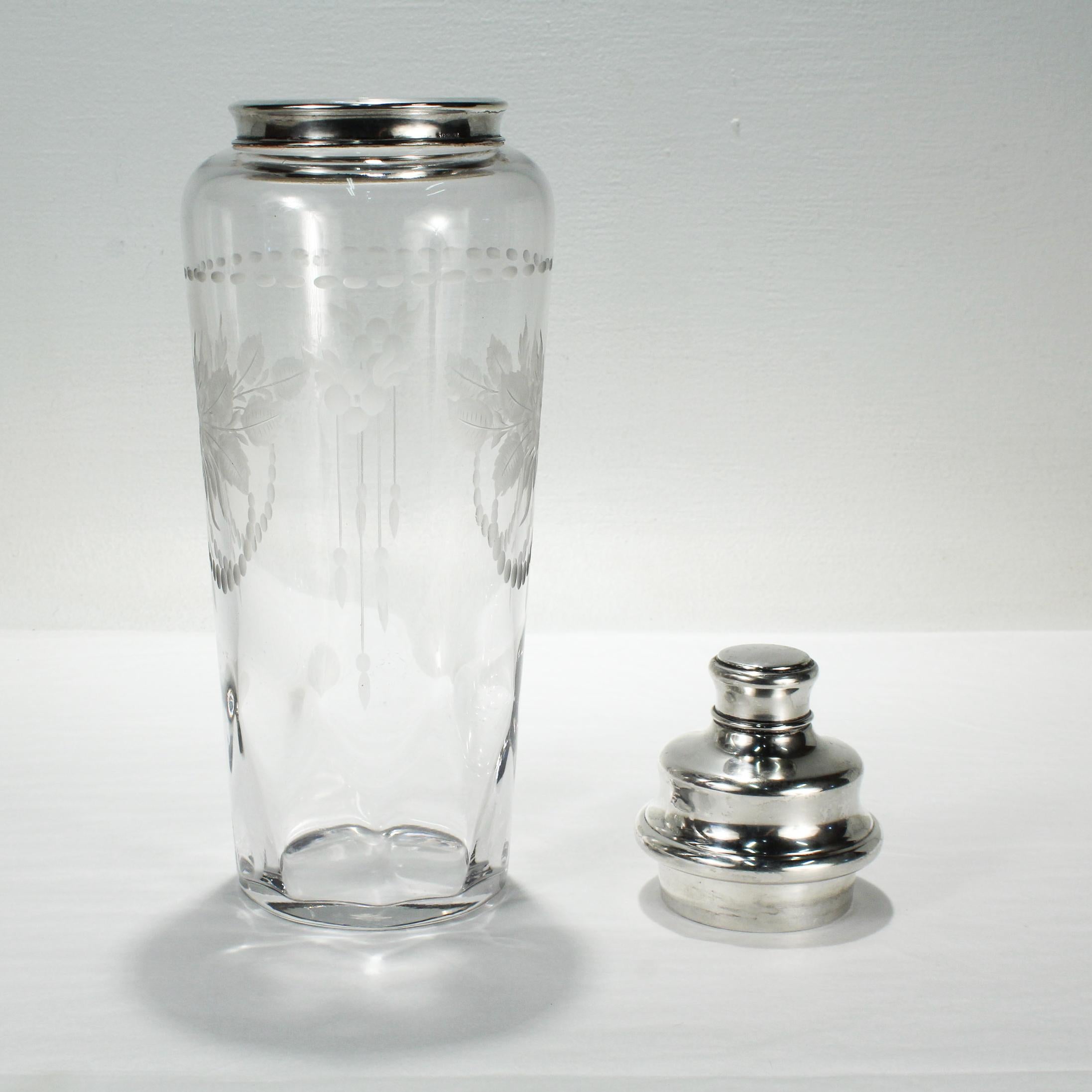 Large Art Deco Hawkes Sterling Mounted Engraved Glass or Crystal Cocktail Shaker For Sale 5