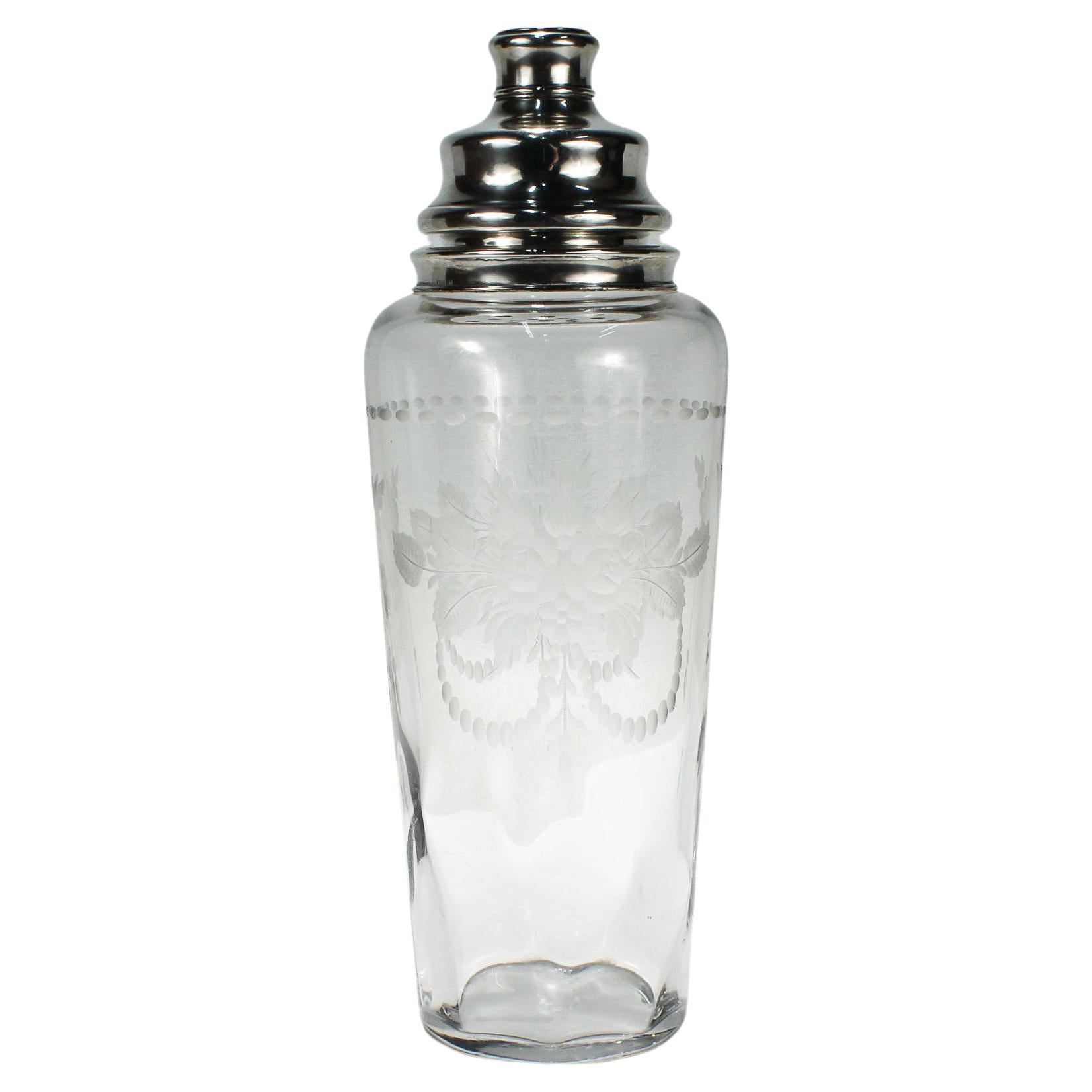 Large Art Deco Hawkes Sterling Mounted Engraved Glass or Crystal Cocktail Shaker