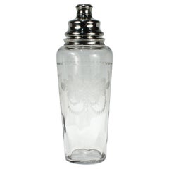 Antique Large Art Deco Hawkes Sterling Mounted Engraved Glass or Crystal Cocktail Shaker