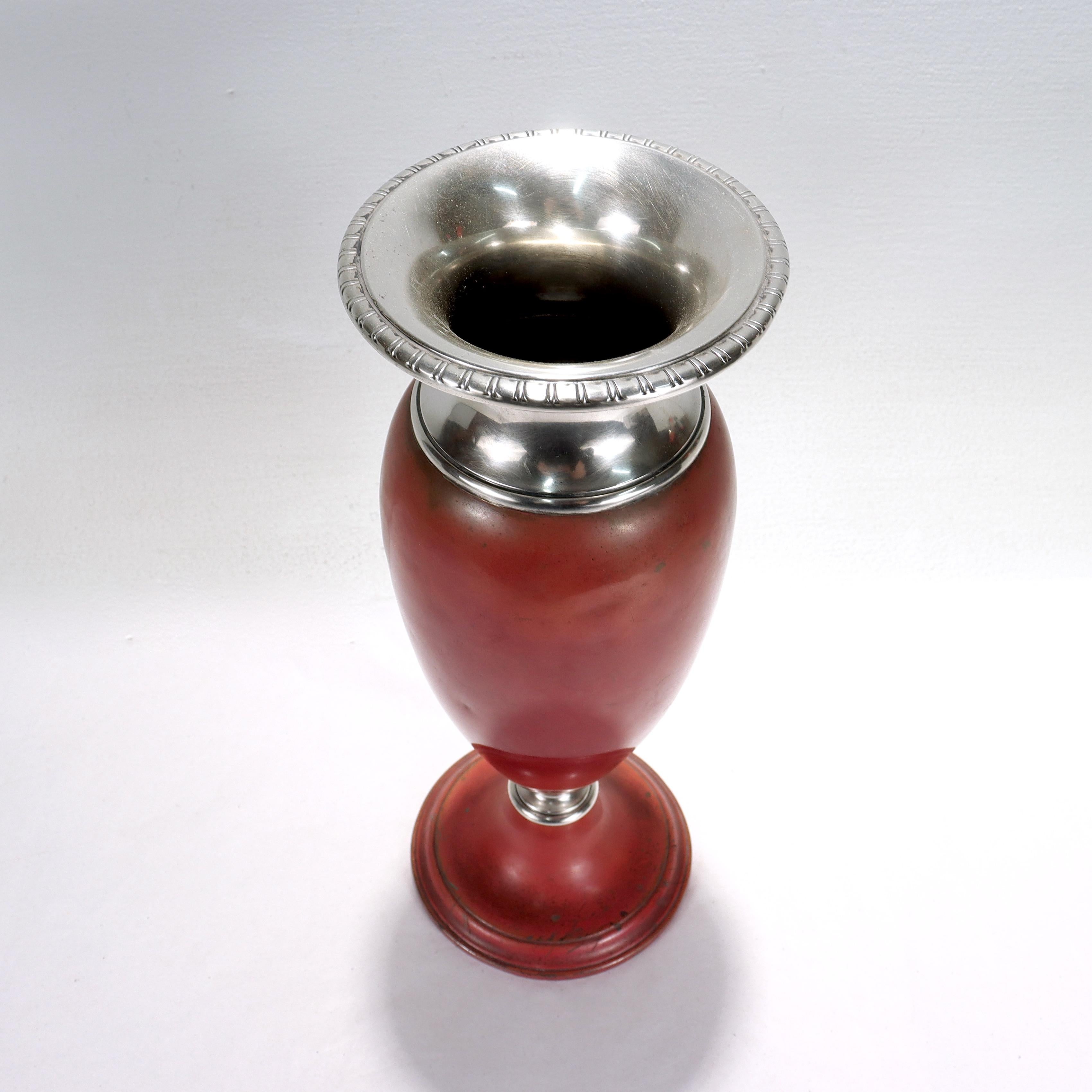Large Art Deco La Pierre Babylonian Mixed Metals Sterling Silver & Copper Vase In Good Condition For Sale In Philadelphia, PA